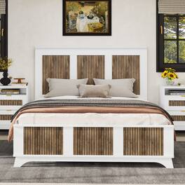 Tiramisubest - Wooden Platform Queen Size Bed, Modern Platform Bed with Wooden Strip Stickers Decoration, Plywood Slats Support, White - White