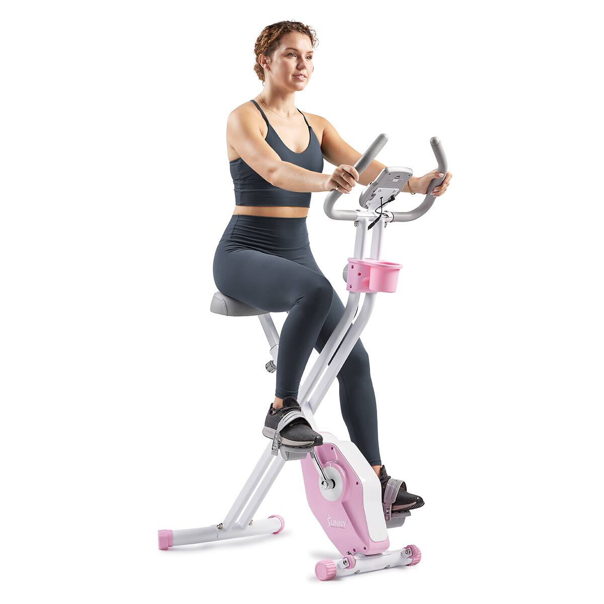 Angle. Sunny Health & Fitness - Pink Foldable Magnetic Exercise X-Bike - Pink.