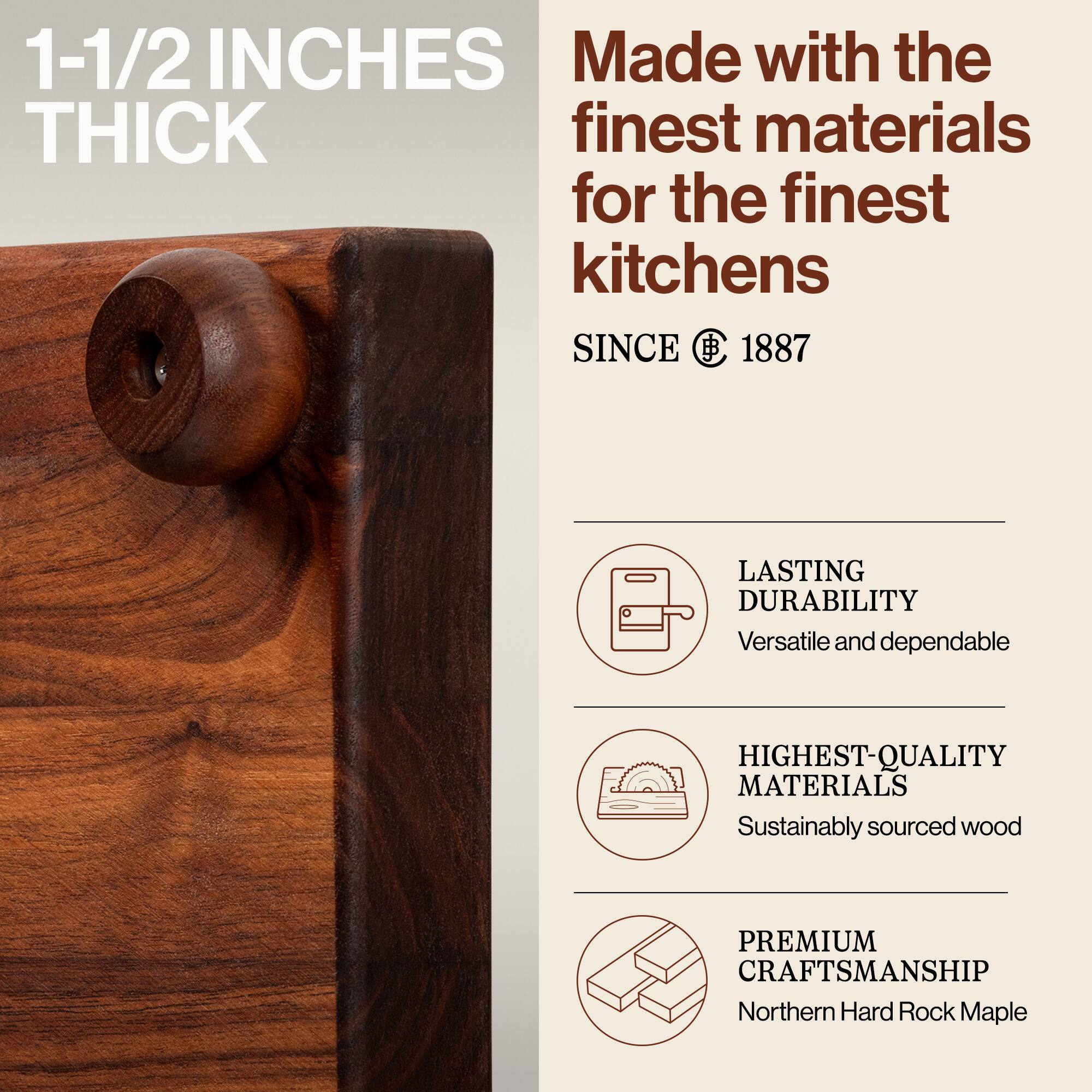 1-1/2 INCHES THICK

Made with the finest materials for the finest kitchens

SINCE 1887

LASTING DURABILITY
Versatile and dependable

HIGHEST-QUALITY MATERIALS
Sustainably sourced wood

PREMIUM CRAFTSMANSHIP
Northern Hard Rock Maple