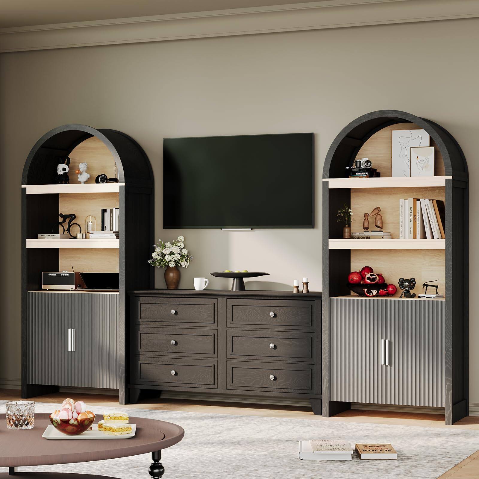Alt View 2. Jojoka - 71" Tall Arched Bookcase, 5-Tier Wooden Bookshelf with Doors & Adjustable Storage Shelves - Black.