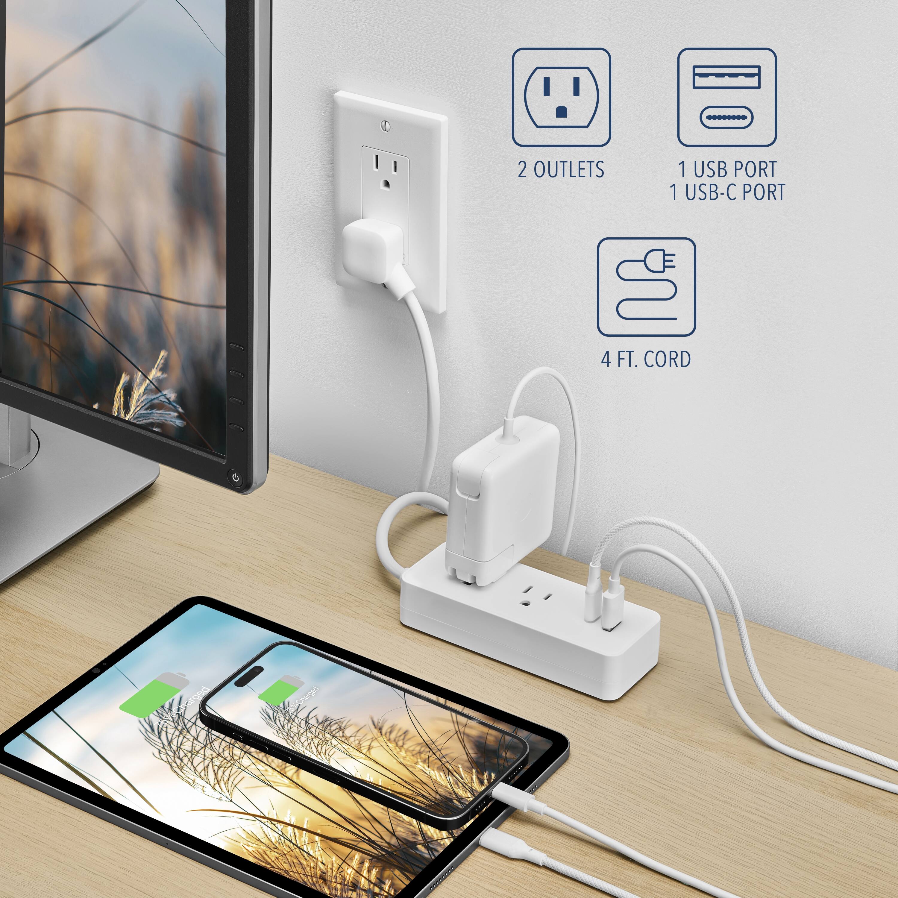 2 OUTLETS  
1 USB PORT  
1 USB-C PORT  
4 FT. CORD