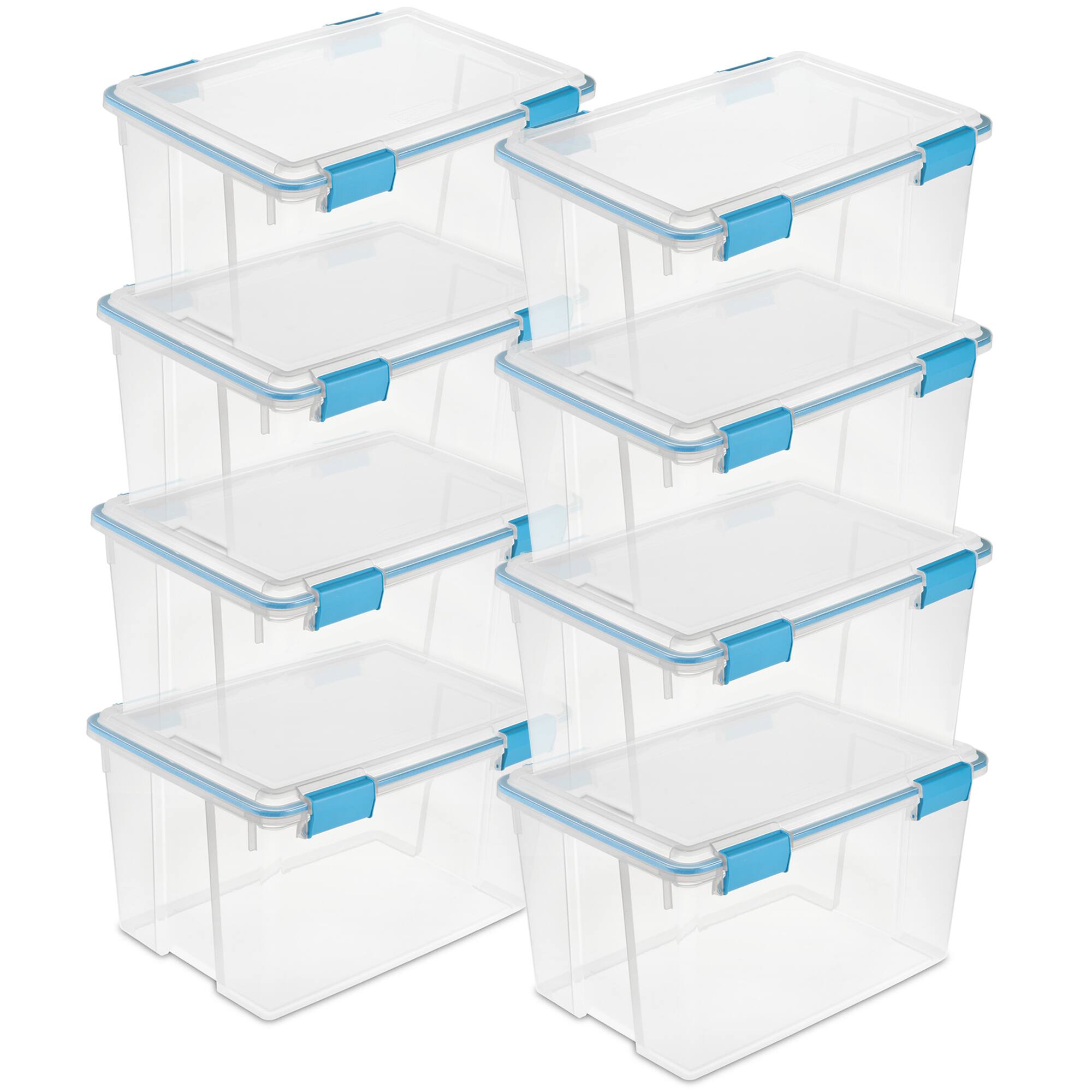 Front. Sterilite - Sterilite 54-Qt Clear Plastic Stackable Storage Bin w/ Gasket Latch Lid, 8 Pack - Clear.