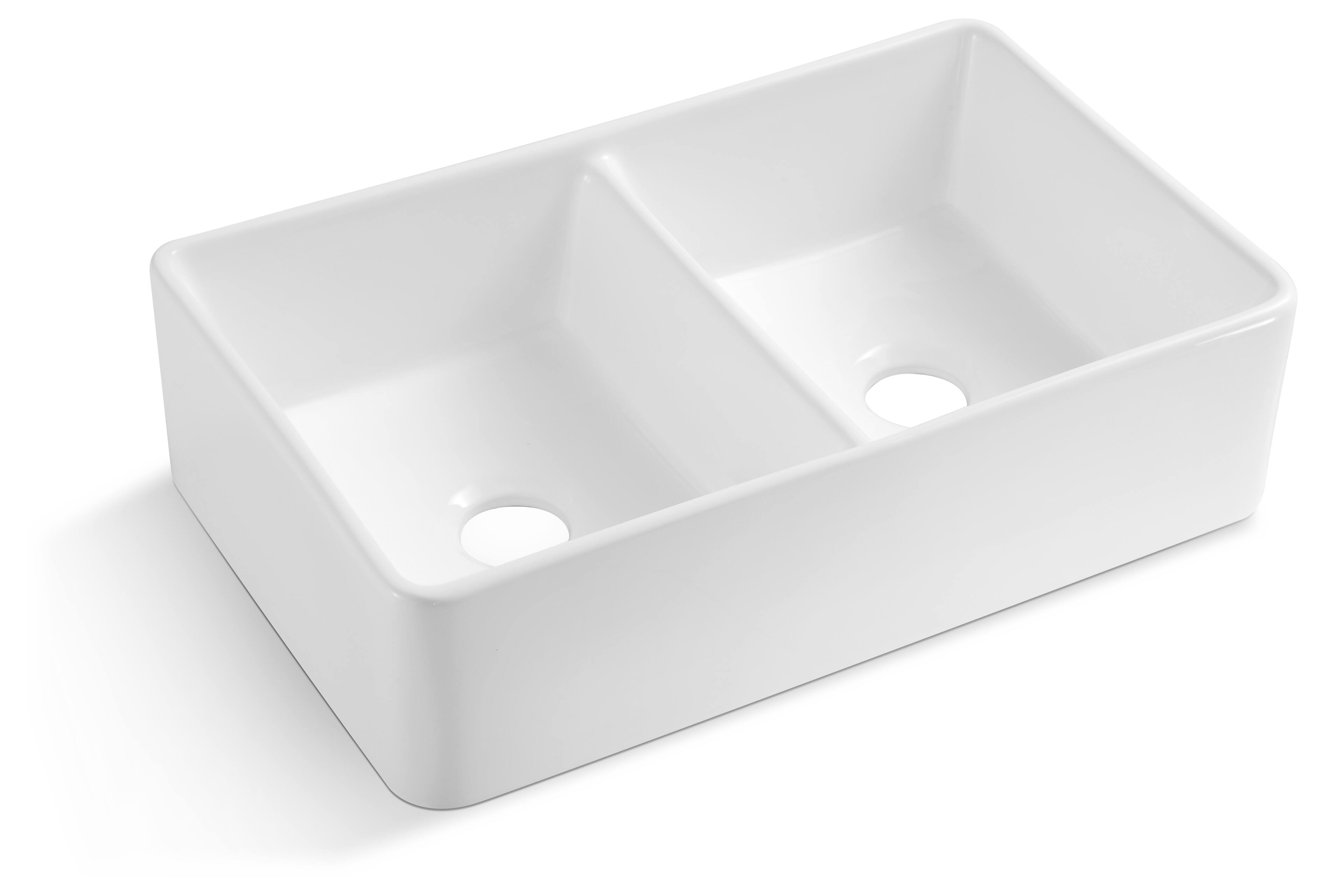 Alt View 5. Siljoy - 32" L x 20" W Double Basin Farmhouse Kitchen Sink with Basket Strainer - White.