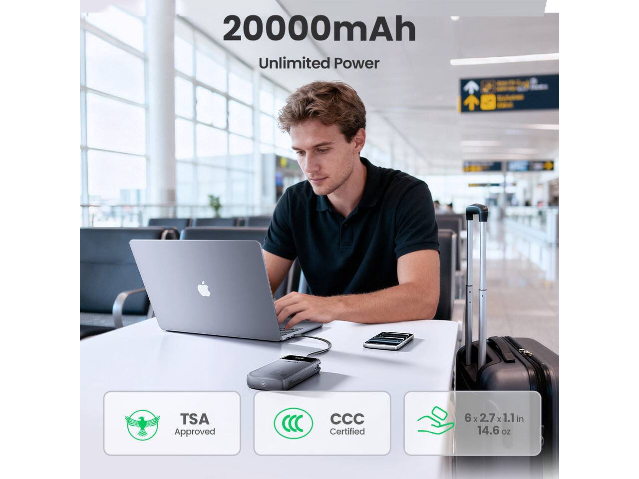 20000mAh Unlimited Power  
TSA Approved  
CCC Certified  
6x2.7x1.1 in  
14.6 oz