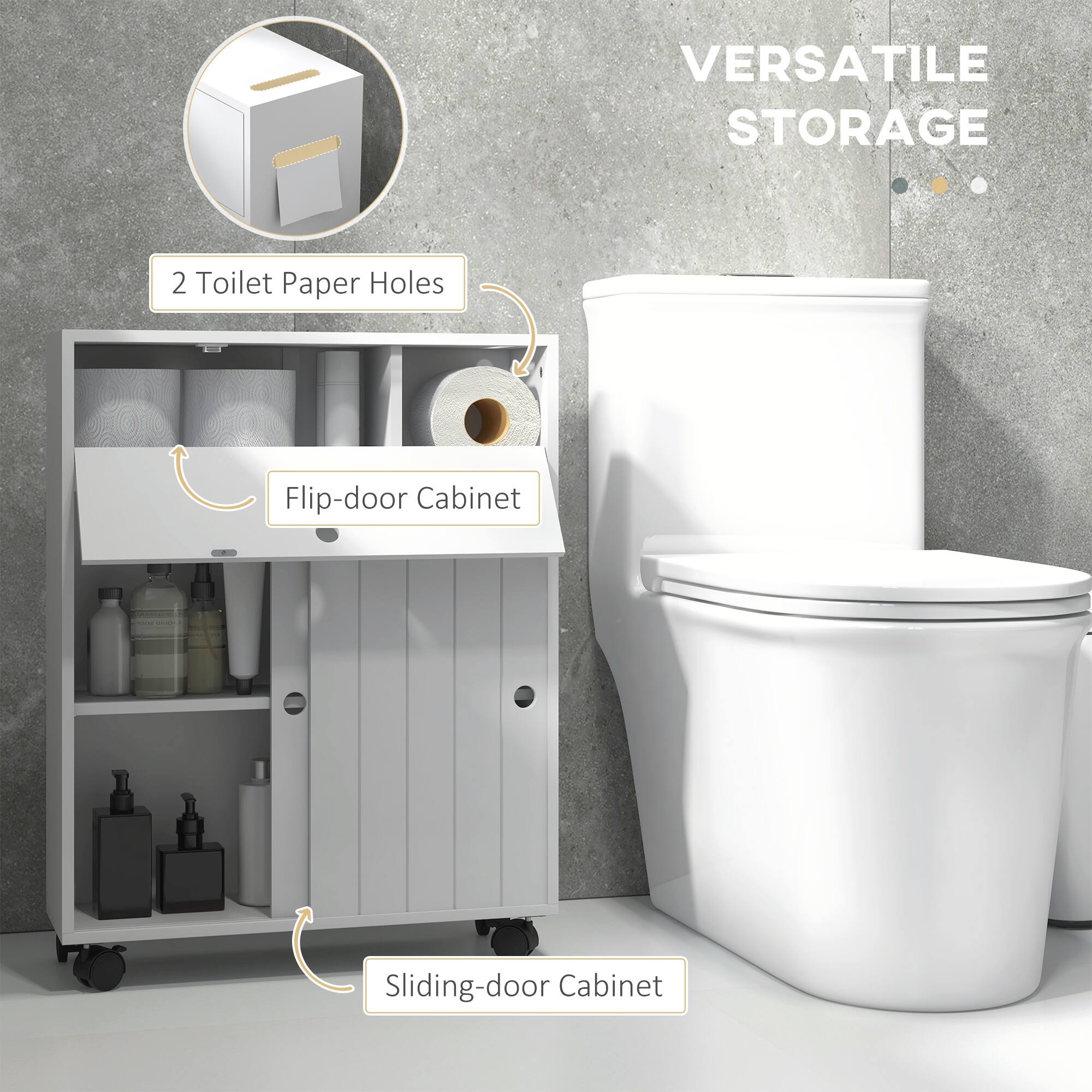 VERSATILE STORAGE

- 2 Toilet Paper Holes
- Flip-door Cabinet
- Sliding-door Cabinet