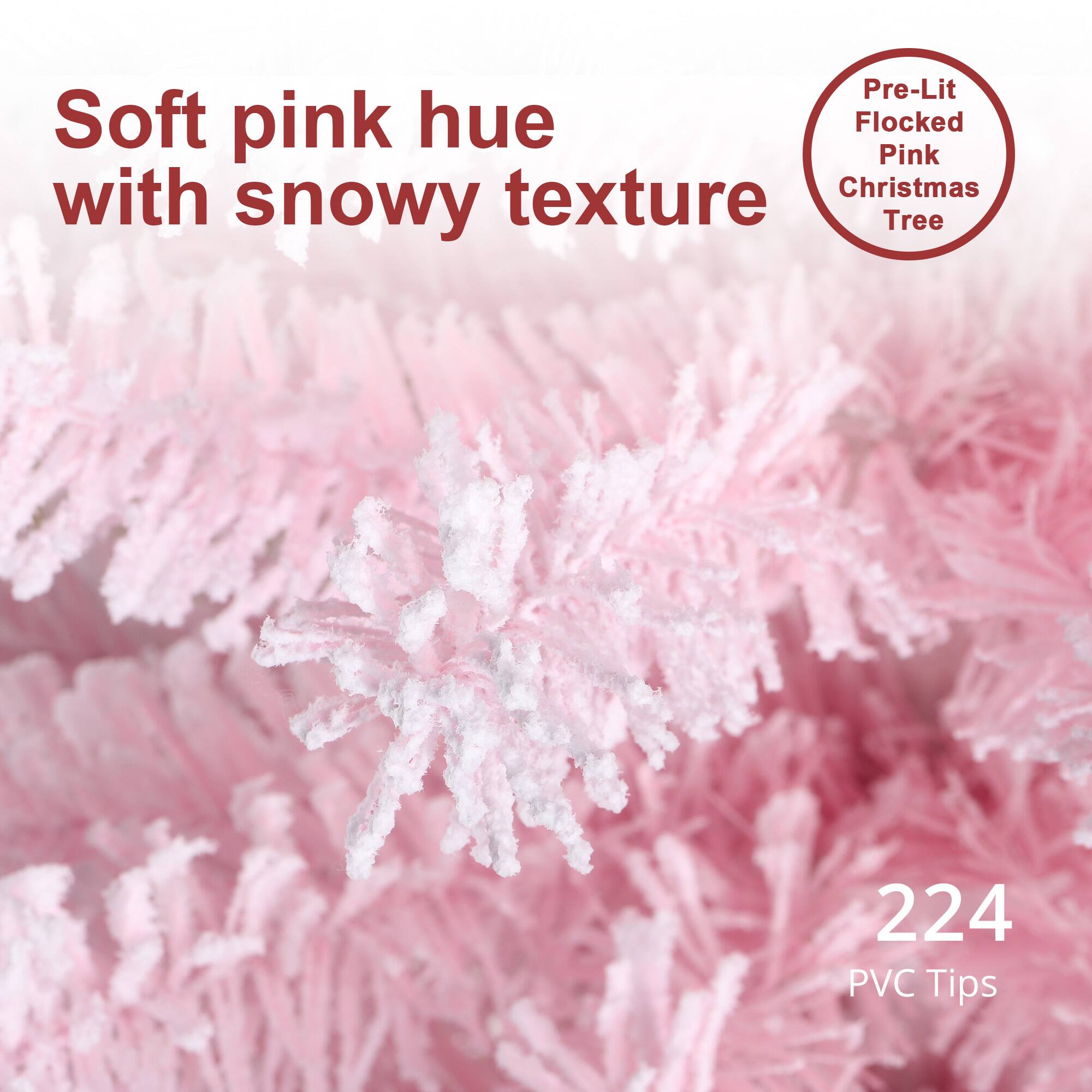 Pre-Lit Soft pink hue Flocked Pink with texture Christmas snowy Tree  
224 PVC Tips