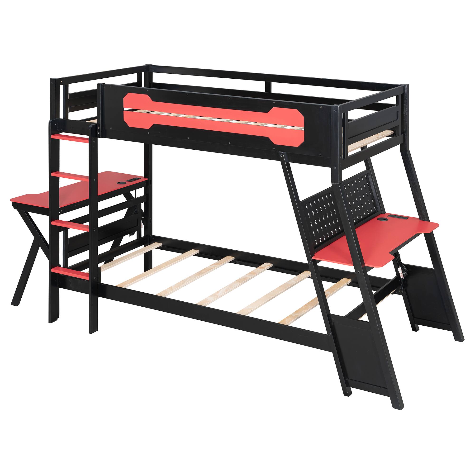 Alt View 1. Anysun - Twin Size Bunk Bed with Two Built-In Gaming Desks, USB Desktop Ports & Pegboard Organizer, Gaming Bunk Frame for Gamer - Red.
