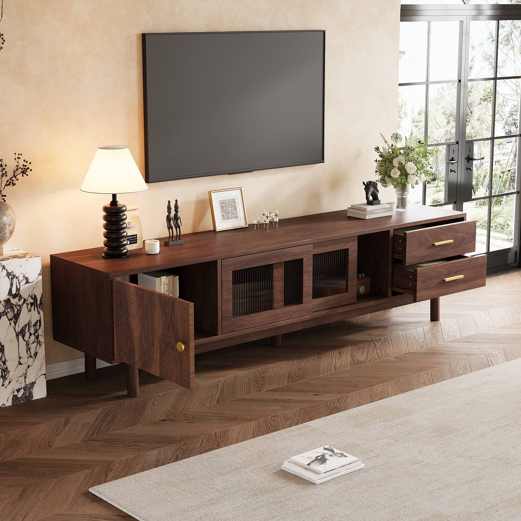 Back. MERAVOM - Mid Century Modern TV Stand for 80" TVs, Entertainment Center with Glass Sliding Doors and 2 Drawers for Living Room - Walnut.