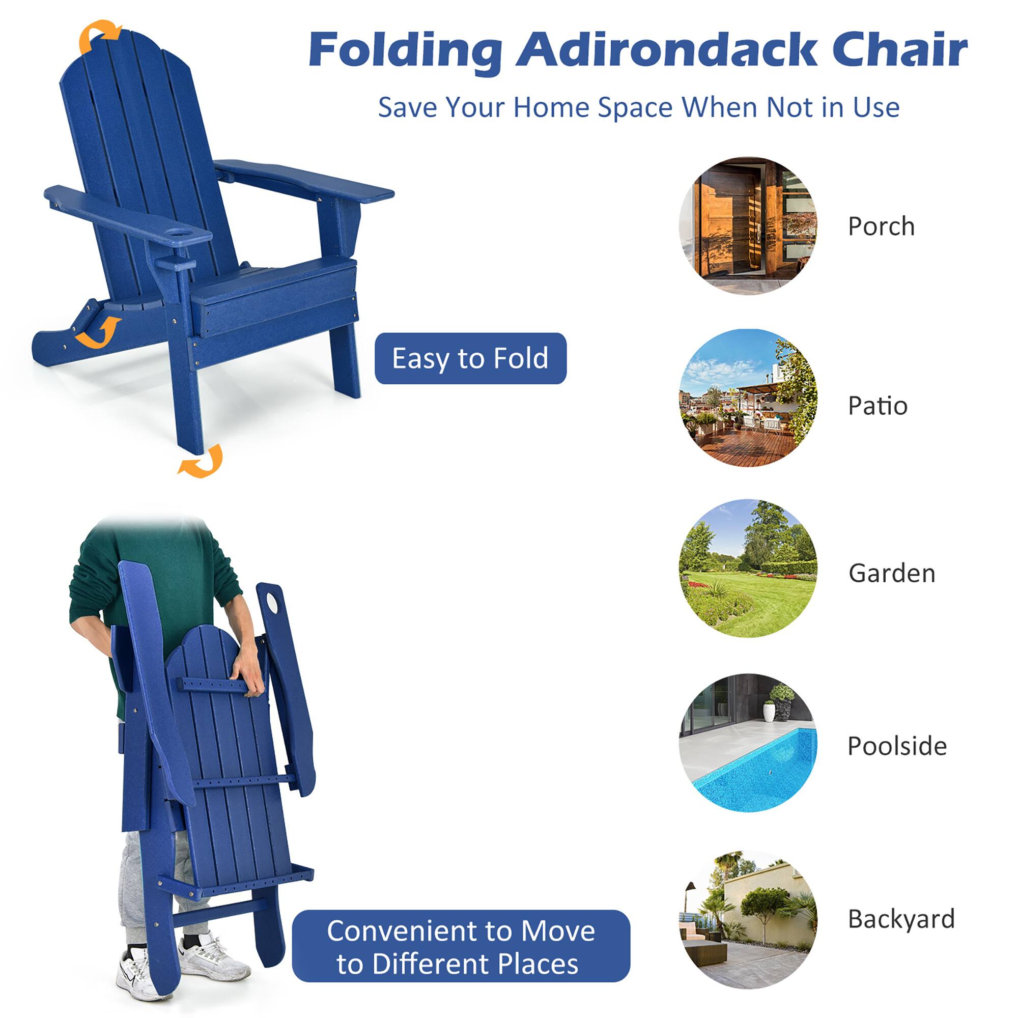 Folding Adirondack Chair, Save Your Home Space When Not in Use, Easy to Fold, Convenient to Move to Different Places, Porch, Patio, Garden, Poolside, Backyard