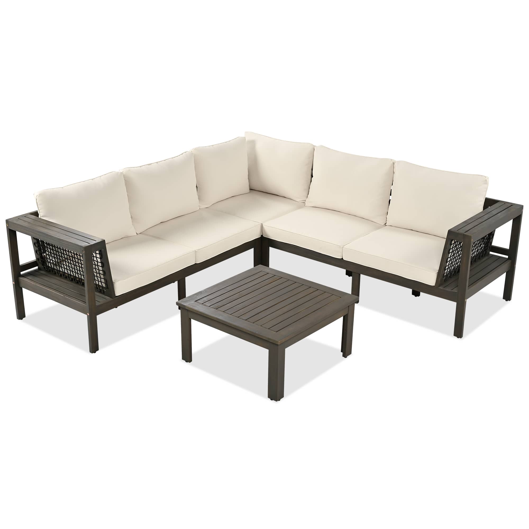 Mondawe - 4 Pieces Outdoor Acacia Wood L-Shaped Sofa Set with Woven Mesh Armrests - Beige+Brown
