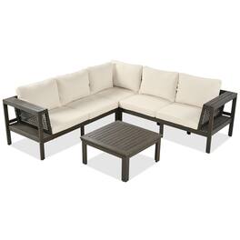 Mondawe - 4 Pieces Outdoor Acacia Wood L-Shaped Sofa Set with Woven Mesh Armrests - Beige+Brown