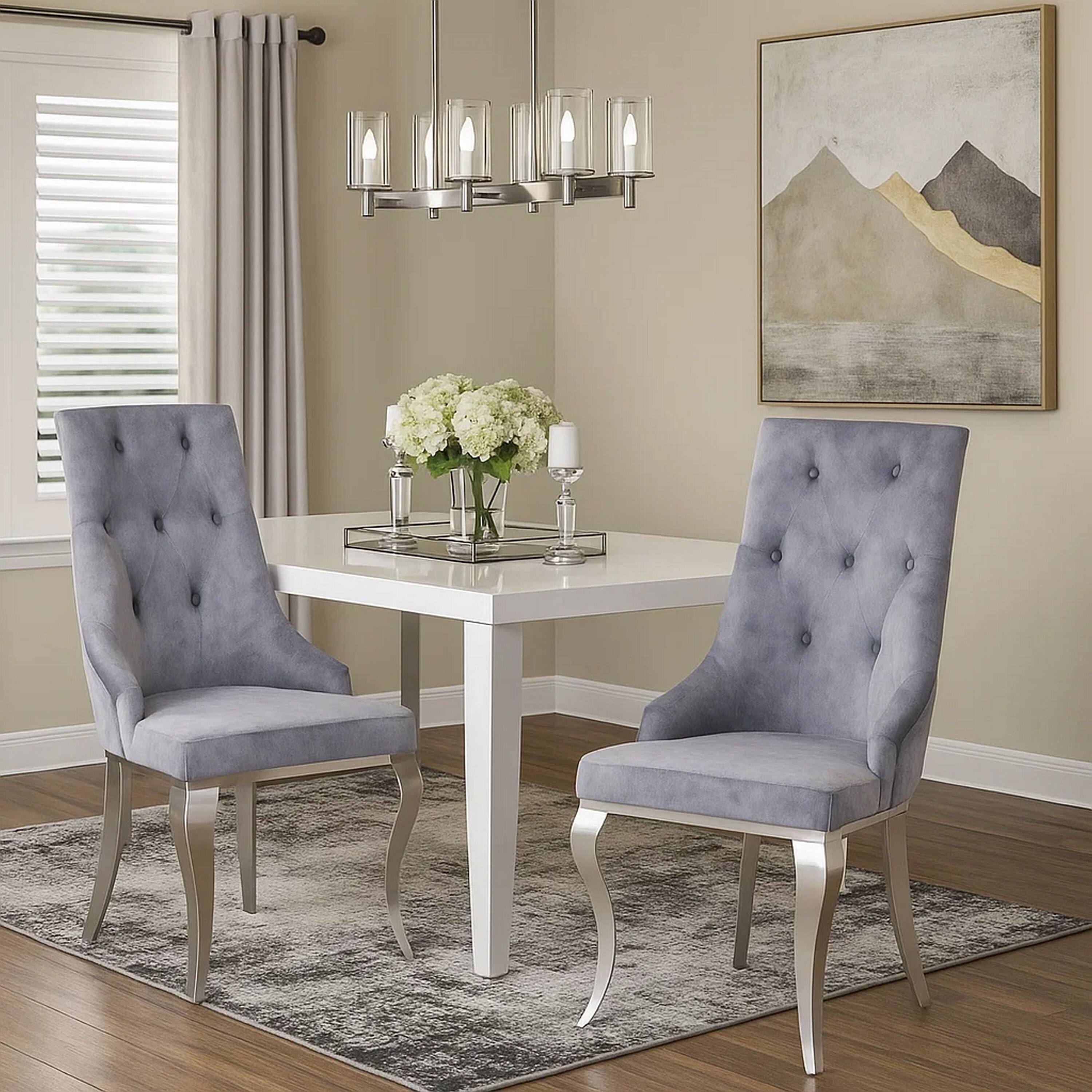 Alt View 5. Manhattan Lane - Side Chair with Button Tufting and Metal Legs, Set of 2 - Gray and Silver.