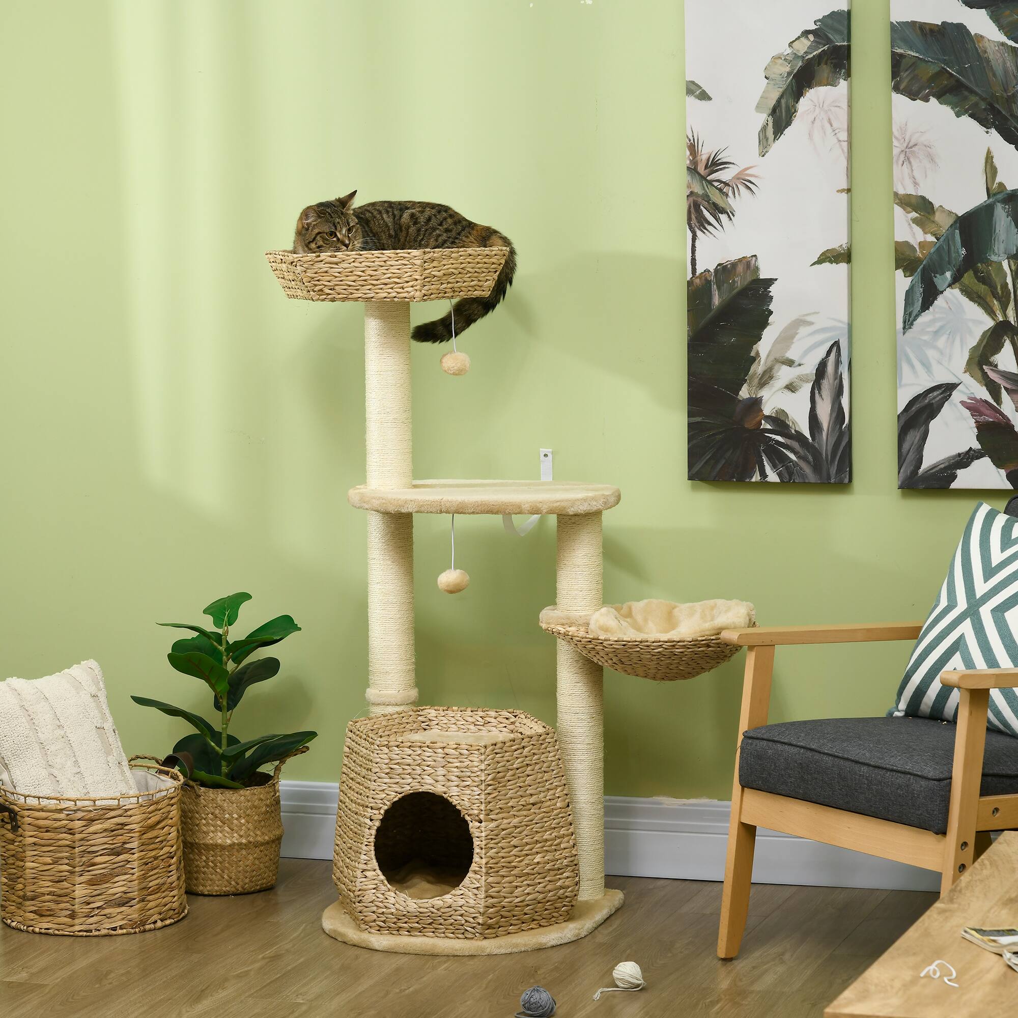 Angle. Pawhut - Cat Tree, 47" Tower for Indoor Cats, Cattail Fluff Condo, Beds, Platform, Scratching Posts, Hanging Ball - Natural wood finish.