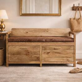 Artisan Furniture - Solid Wood Oakish Storage Bench with Brown Leather Seat, 2 Drawers - Beige