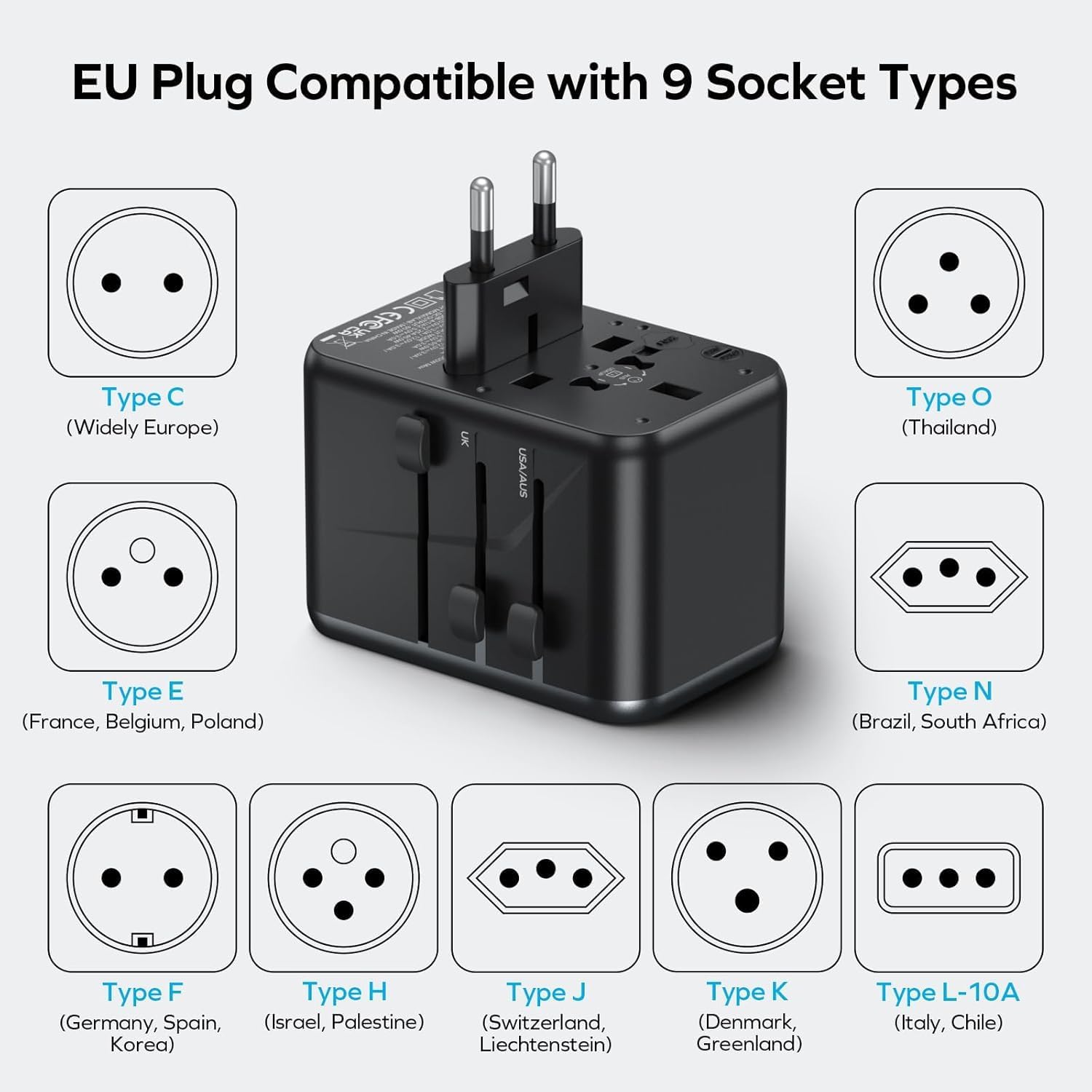 EU Plug Compatible with 9 Socket Types

- Type C (Widely Europe)
- Type O (Thailand)
- Type E (France, Belgium, Poland)
- Type N (Brazil, South Africa)
- Type F (Germany, Spain, Korea)
- Type H (Israel, Palestine)
- Type J (Switzerland, Liechtenstein)
- Type K (Denmark, Greenland)
- Type L-10A (Italy, Chile)