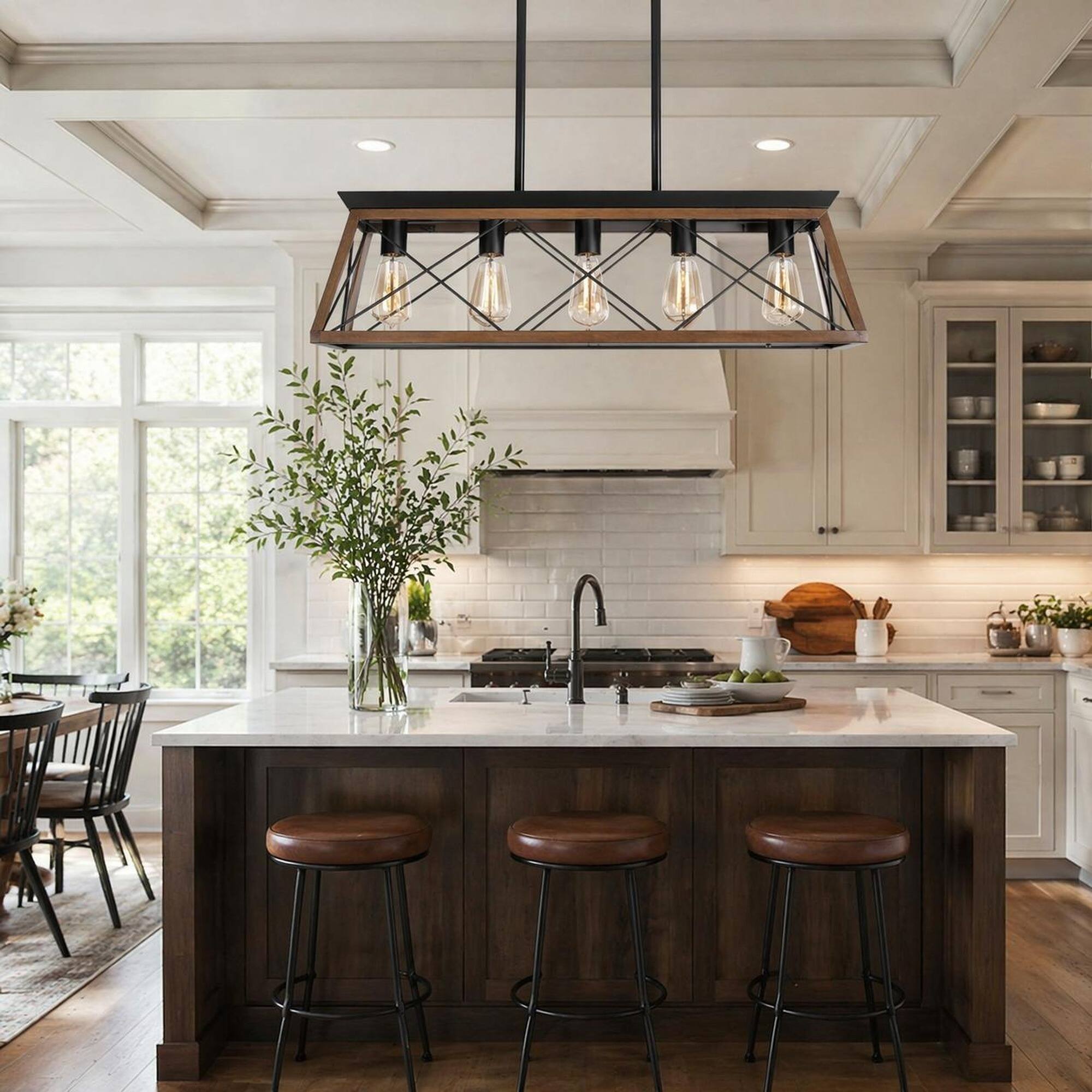Angle. RYHNUYNE - 32" Industrial Kitchen Island Lighting, Linear Lighting Fixture for Dining Room Kitchen - Walnut.