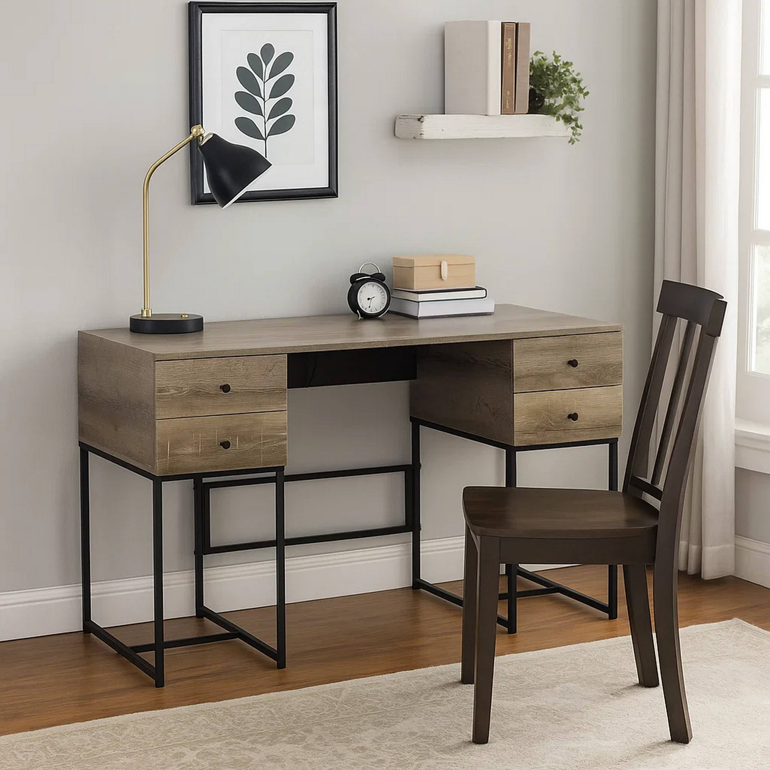 Alt View 2. Manhattan Lane - Wooden Desk with 4 Drawers and Tubular Metal Support, Brown and Black - Brown and Black.