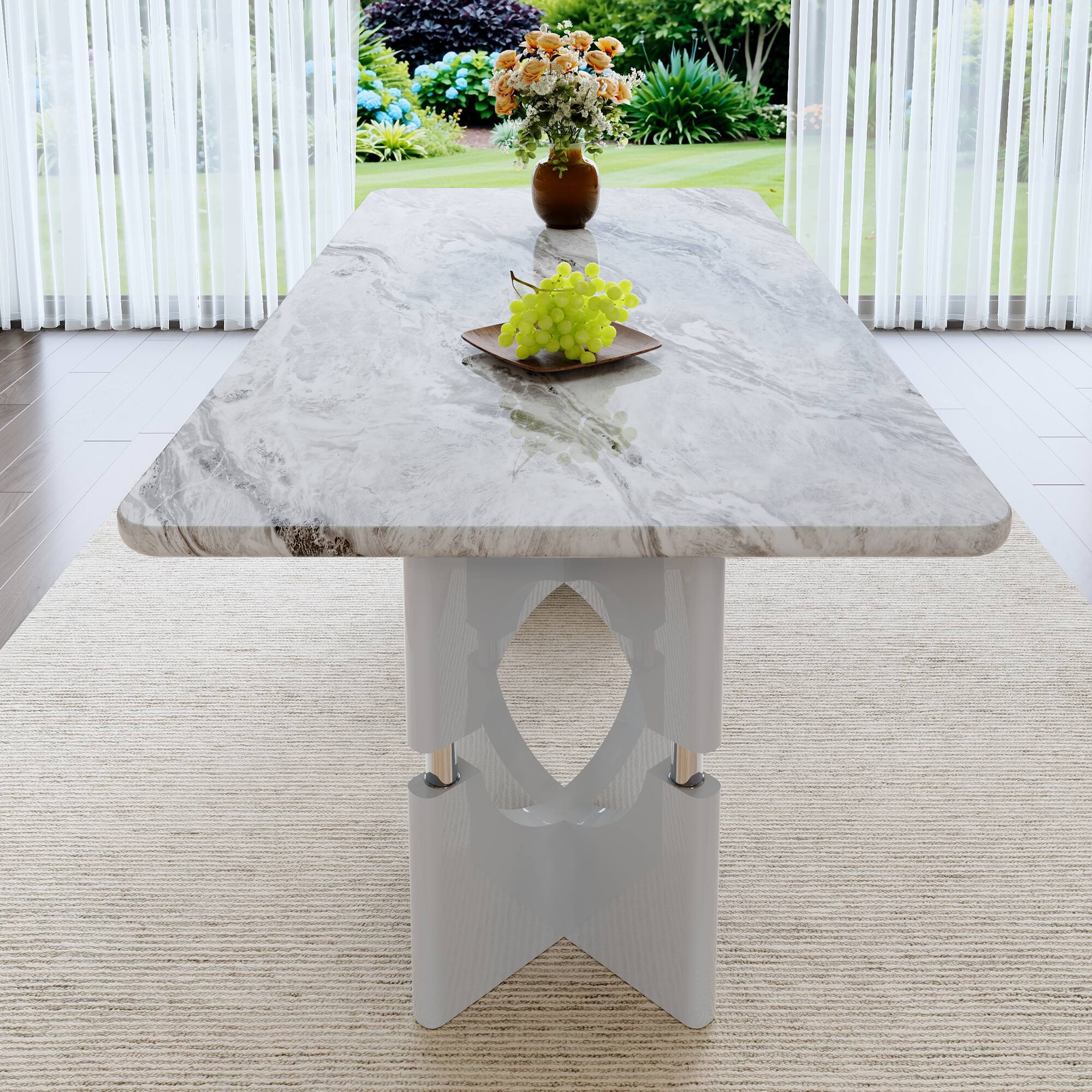 Back. Loheer - Loheer- 5.9ft Modern Gray Faux Marble Dining Table Sleek Hollow Frame Kitchen Table for Small Apartment - Gray.