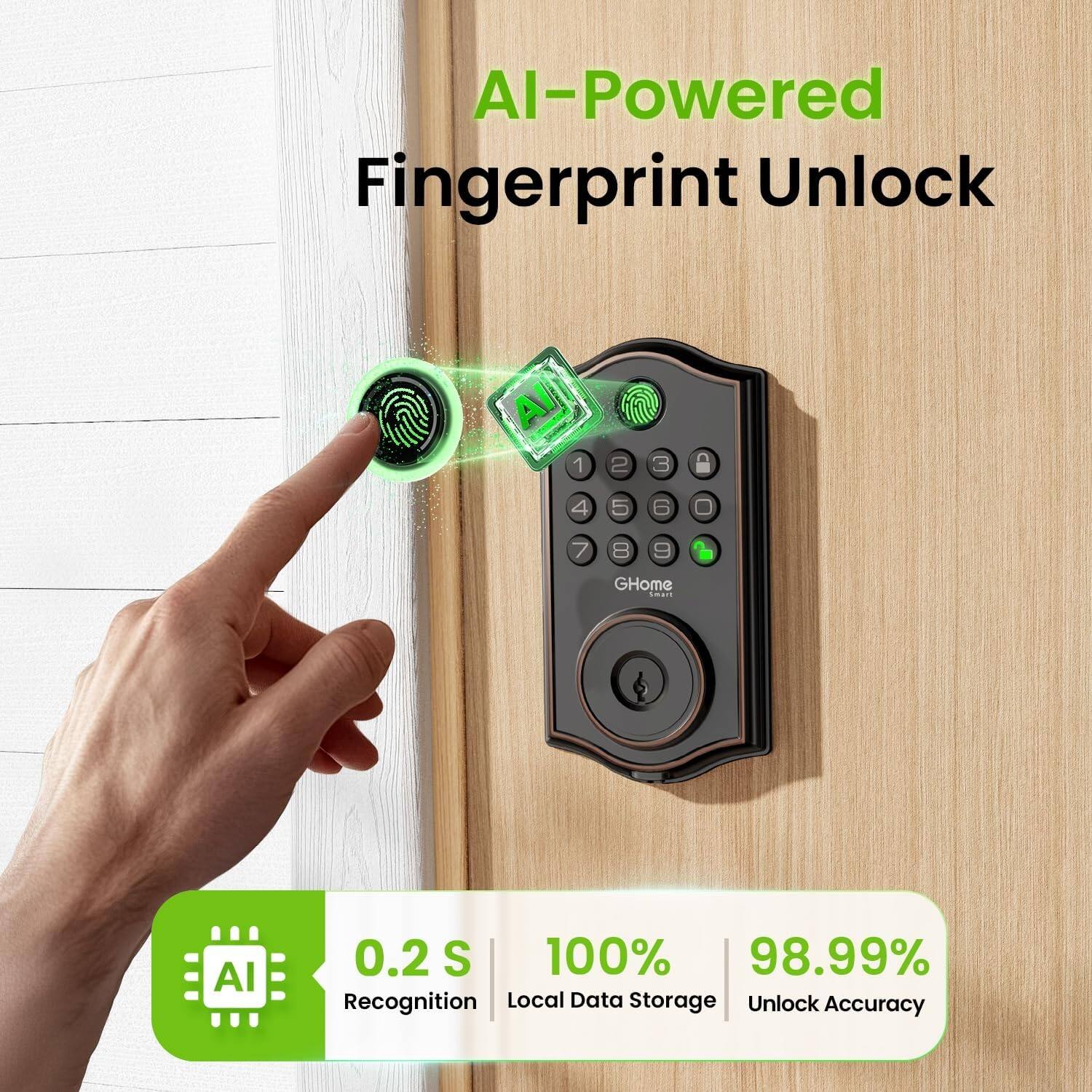 AI-Powered Fingerprint Unlock

0.2 S Recognition  
100% Local Data Storage  
98.99% Unlock Accuracy