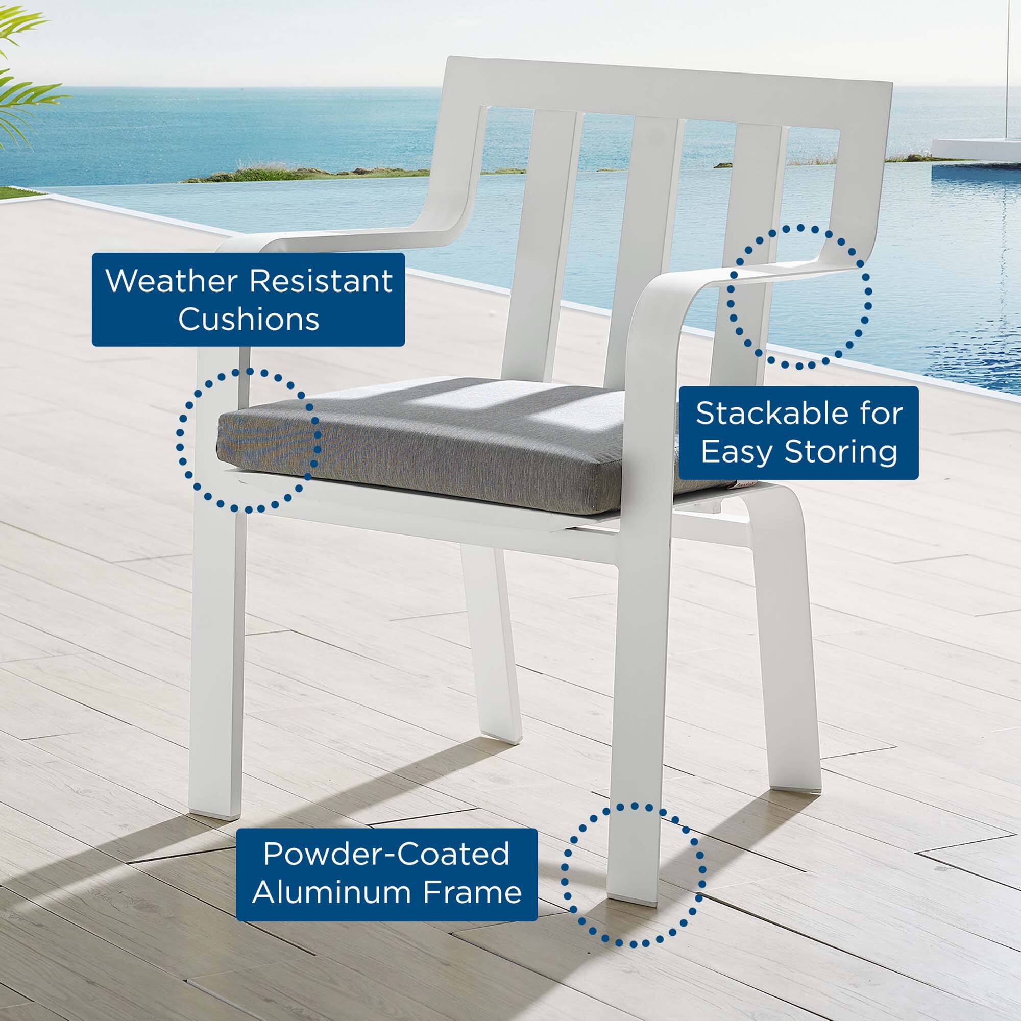 - Weather Resistant Cushions
- Stackable for Easy Storing
- Powder-Coated Aluminum Frame
