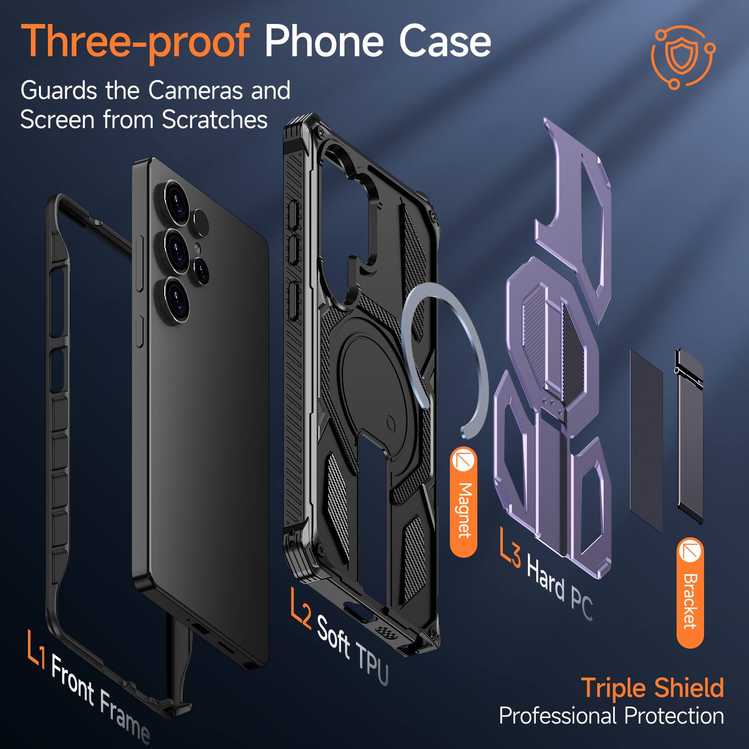 Three-proof Phone Case Guards the Cameras and Screen from Scratches

L1 Front Frame
L2 Soft TPU
7 Magnet
L3 Hard Bracket PC

Triple Shield
Professional Protection