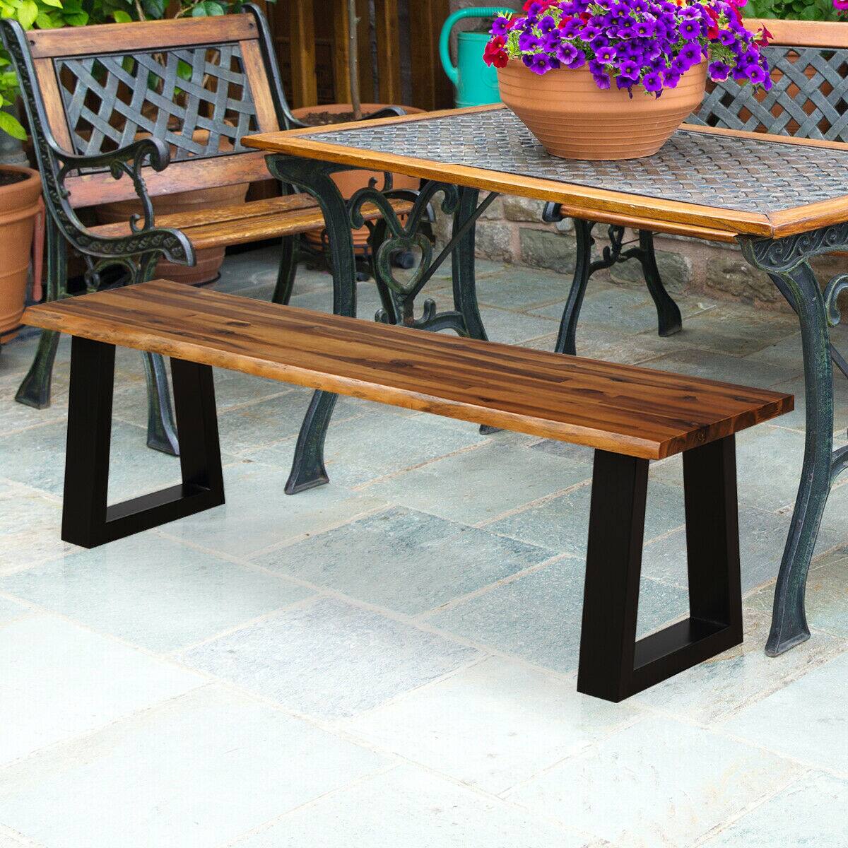 Alt View 3. Gymax - Gymax Solid Acacia Wood Patio Bench Dining Bench Outdoor W/Rustic Metal Legs - Brown + Black.