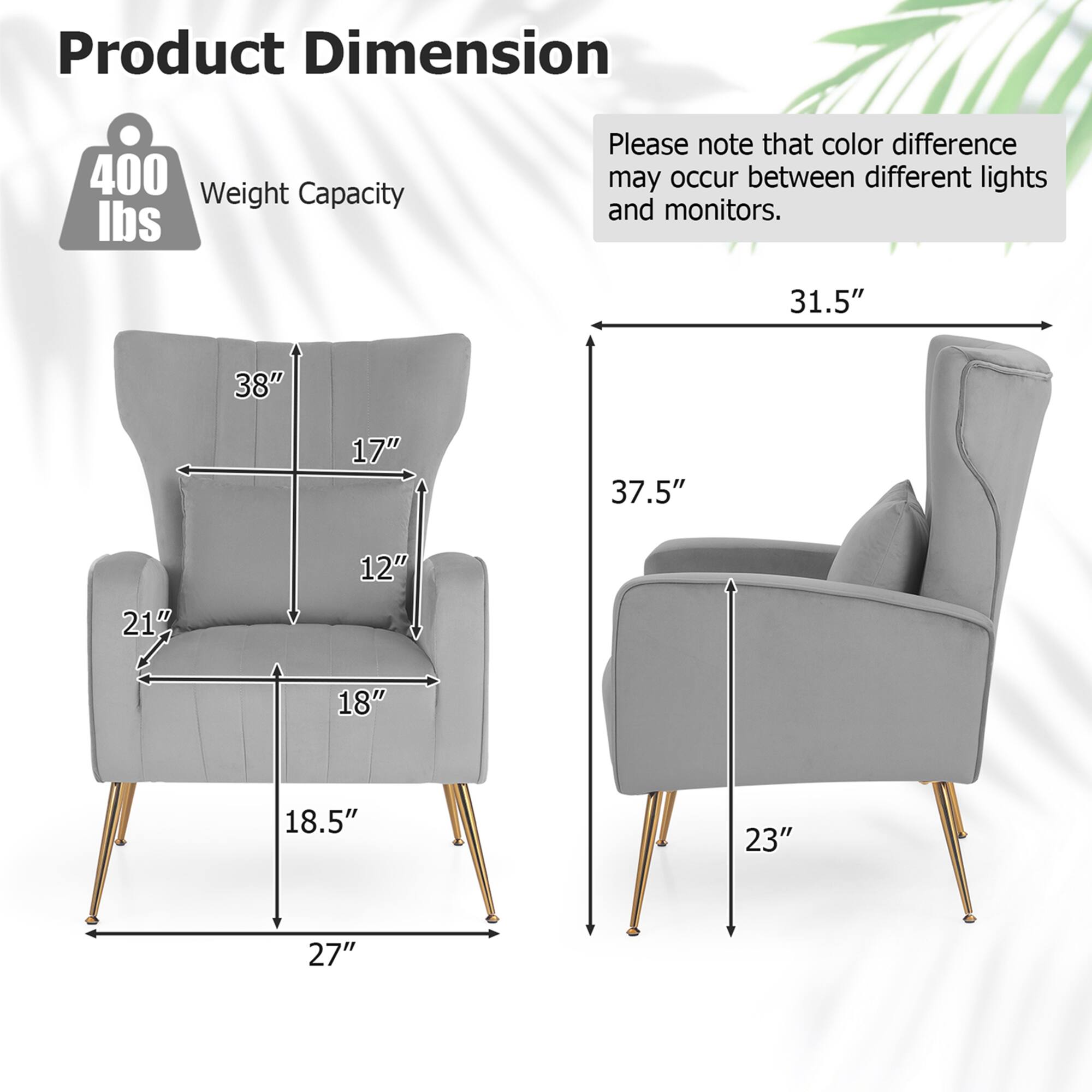 Product Dimension: 400 lbs Weight Capacity. Please note that color difference may occur between different lights and monitors. 31.5" 38" 17" 37.5" 21" 12" 18" 18.5" 23" 27"