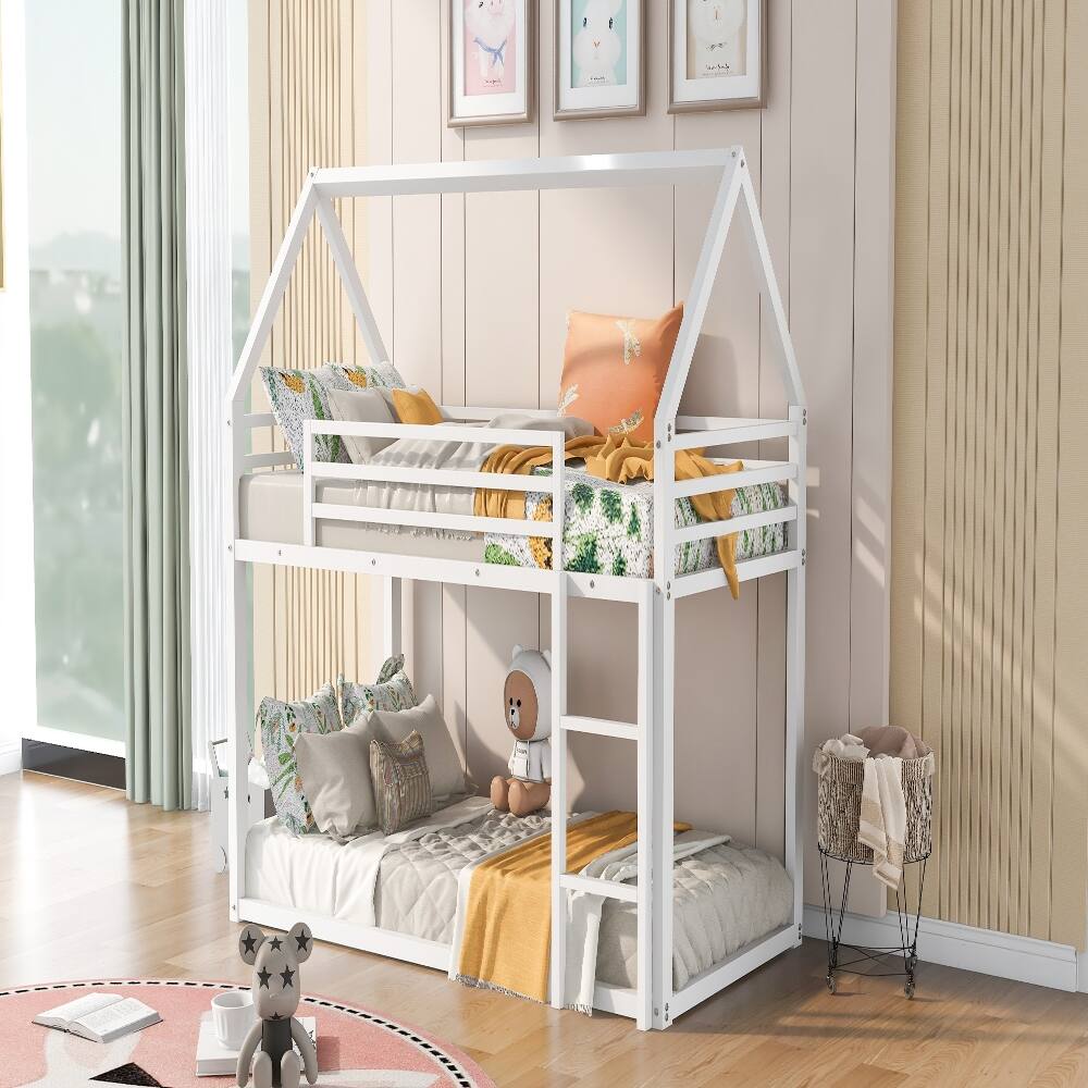 Left. Loheer - Loheer Twin Over Twin Bunk Bed House Bed White Metal Frame with Ladder - White.