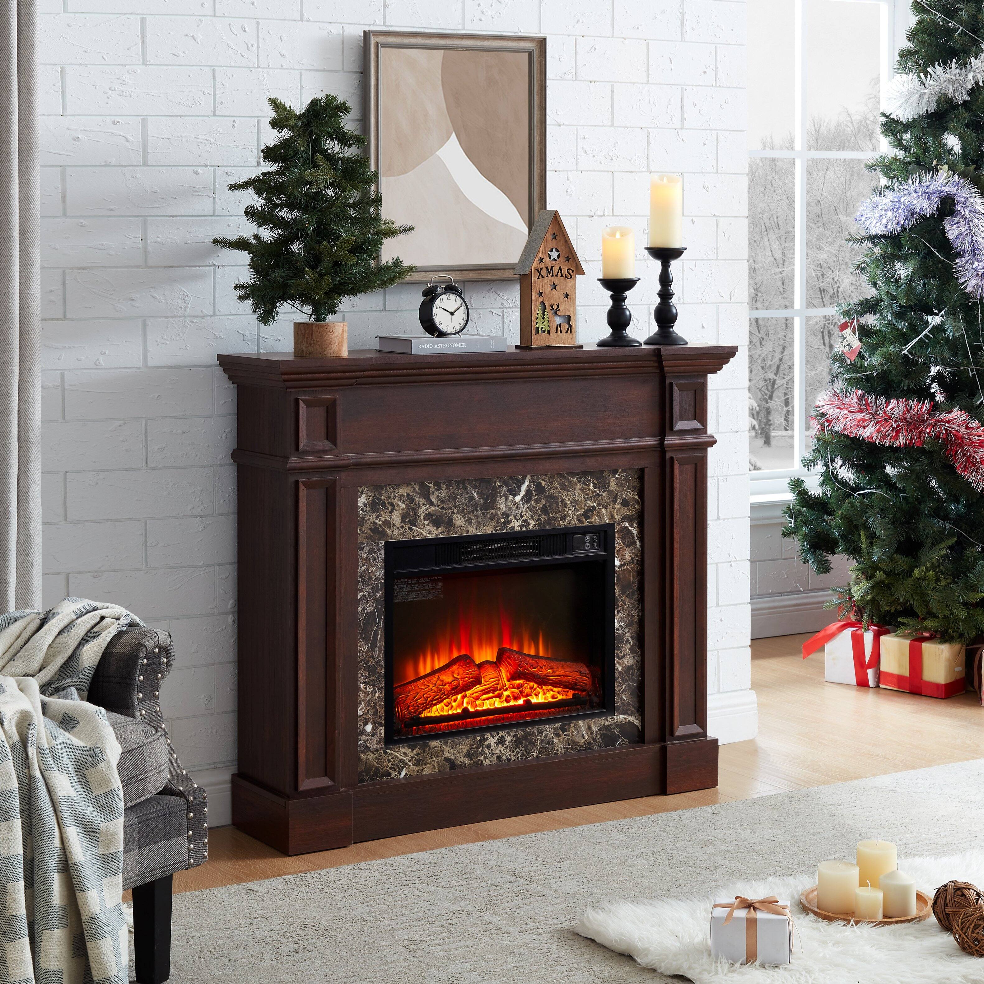 Left. Tiramisubest - Freestanding Electric Fireplace Heater with Mantel,Realistic Stacked Stone in Cherry,Remote Control,Timer & LED Flame - Cherry.