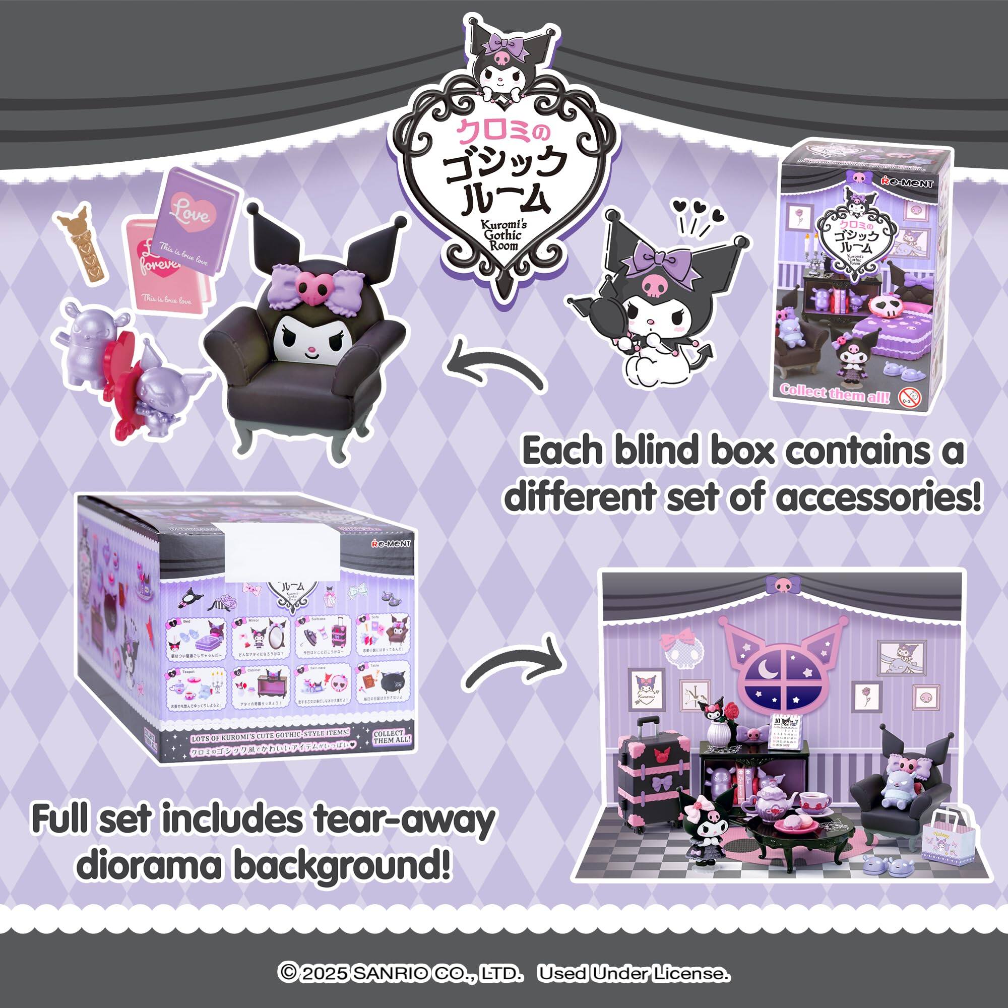 Love T for den preve  
Kuromi's Gothic Room en6  
T fra  
Calleet them Nl  
Each blind box contains a different set of accessories!  
OCS SCMN NETALITEMS FABLAYS UPLS LLBONS JOCT THEM  
ECUU sebo R D0  
Full set includes tear-away diorama background!  
2025 SANRIO CO., LTD. Used Under License.