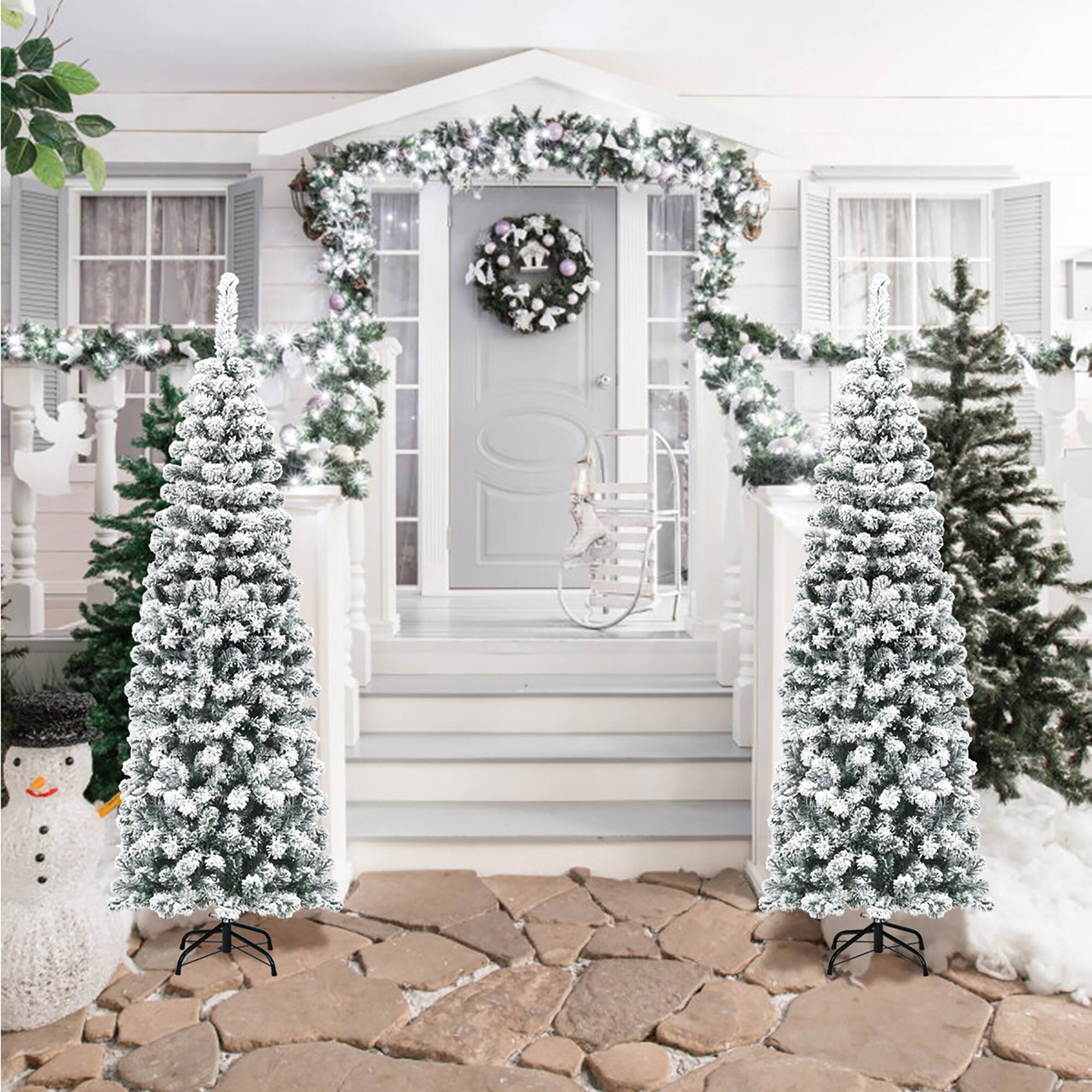 Alt View 5. Costway - 6Ft Unlit Hinged Snow Flocked Artificial Pencil Christmas Tree with 500 Branch Tips - Green/White.