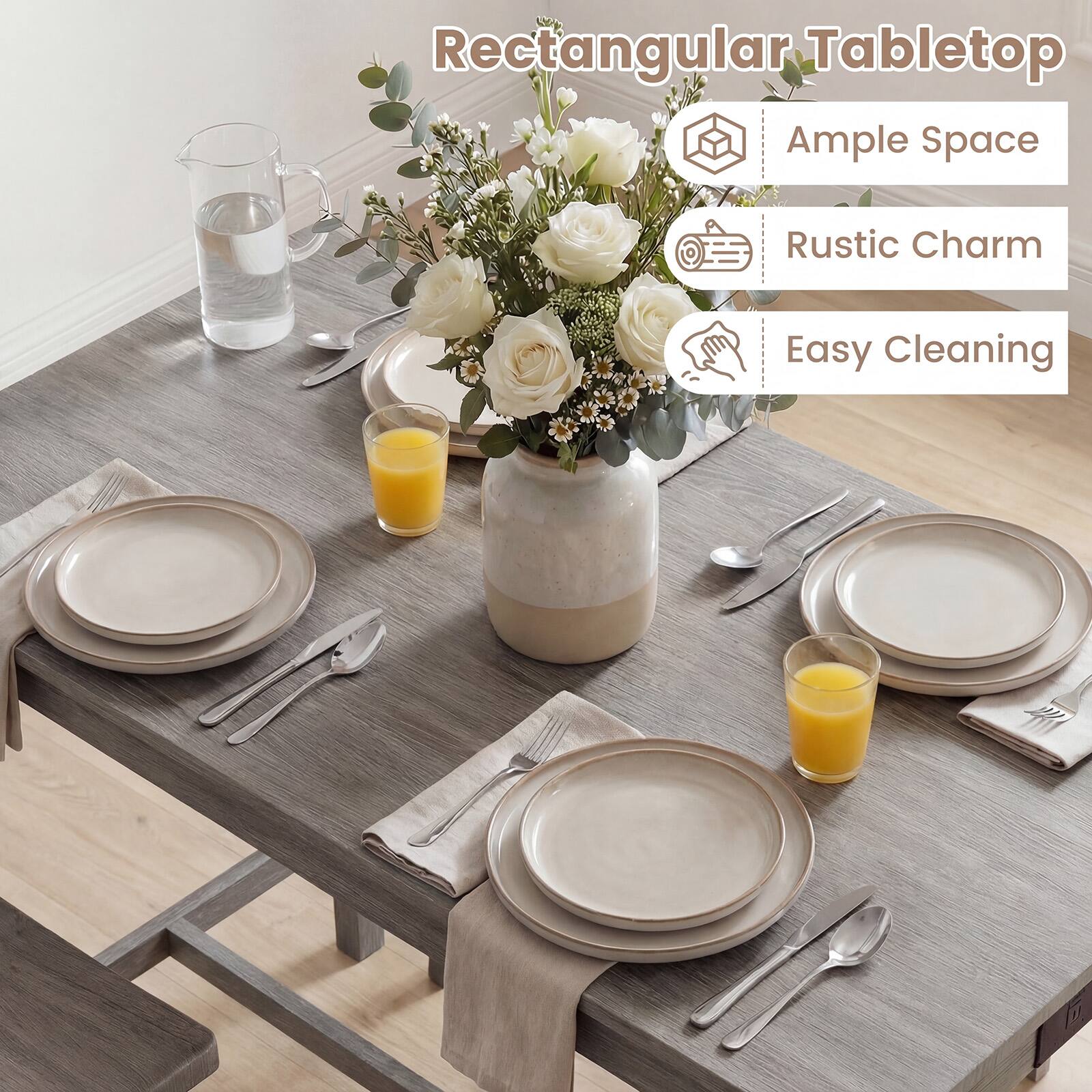 Rectangular Tabletop  
- Ample Space  
- Rustic Charm  
- Easy Cleaning