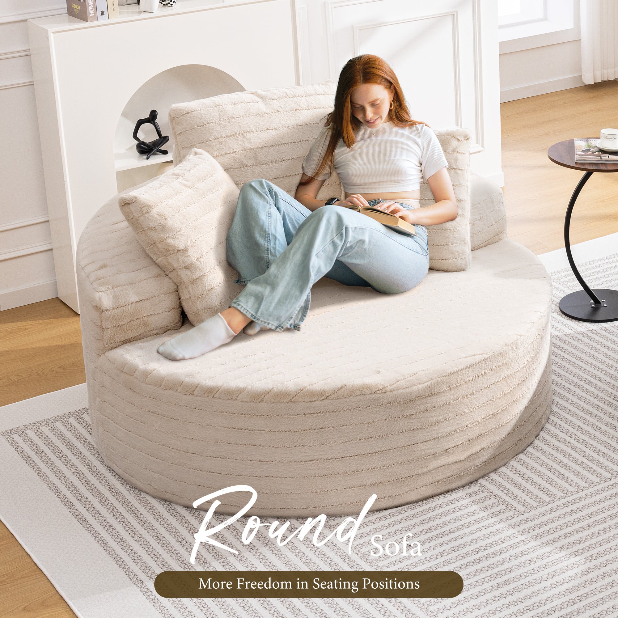 KERDOM - Oversized Round Sofa, Fluffy 59'' Upholstered Deep Seat Circle Sofa Reading Lounge Chair with Pillows for Living Room - Beige