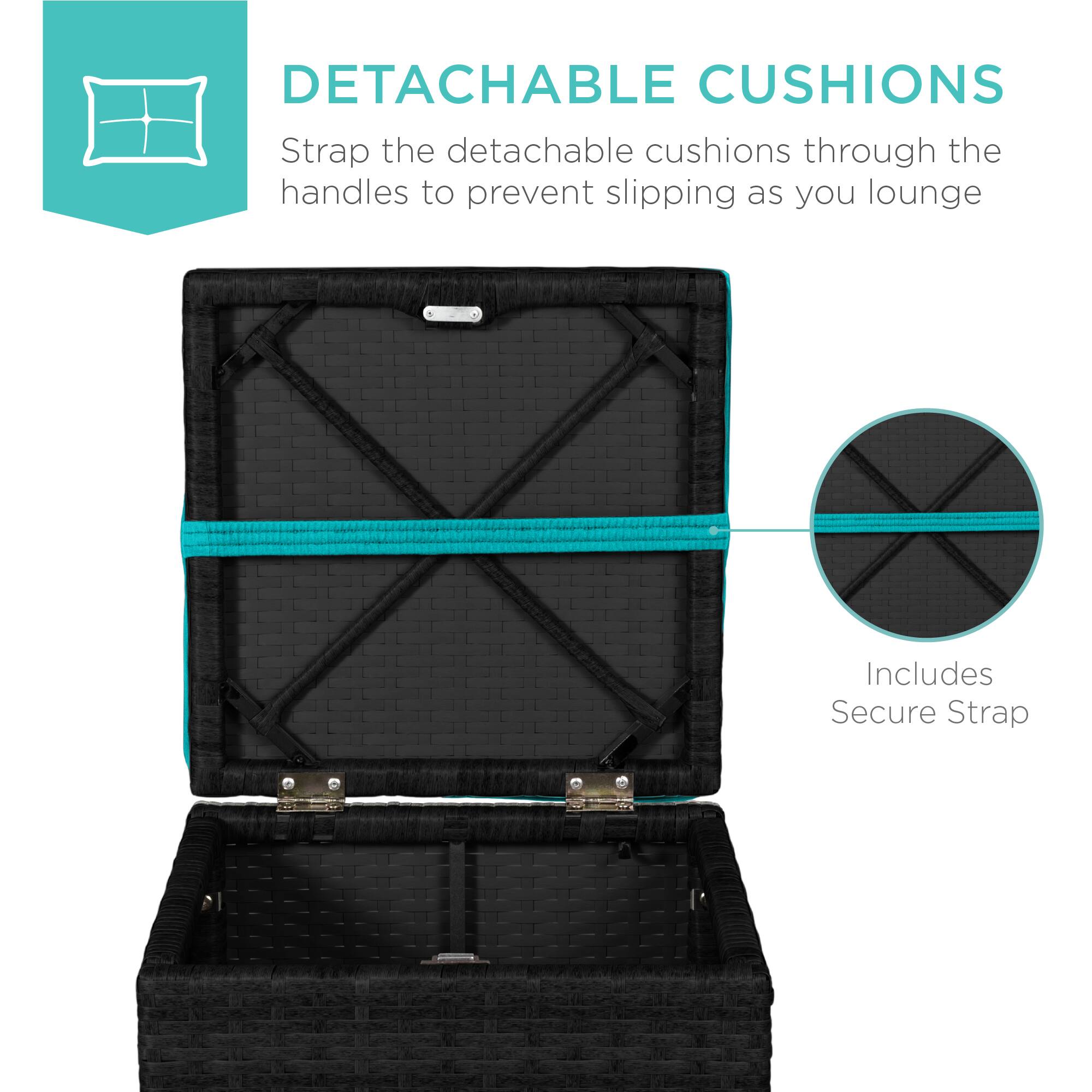 DETACHABLE CUSHIONS  
Strap the detachable cushions through the handles to prevent slipping as you lounge  
Includes Secure Strap