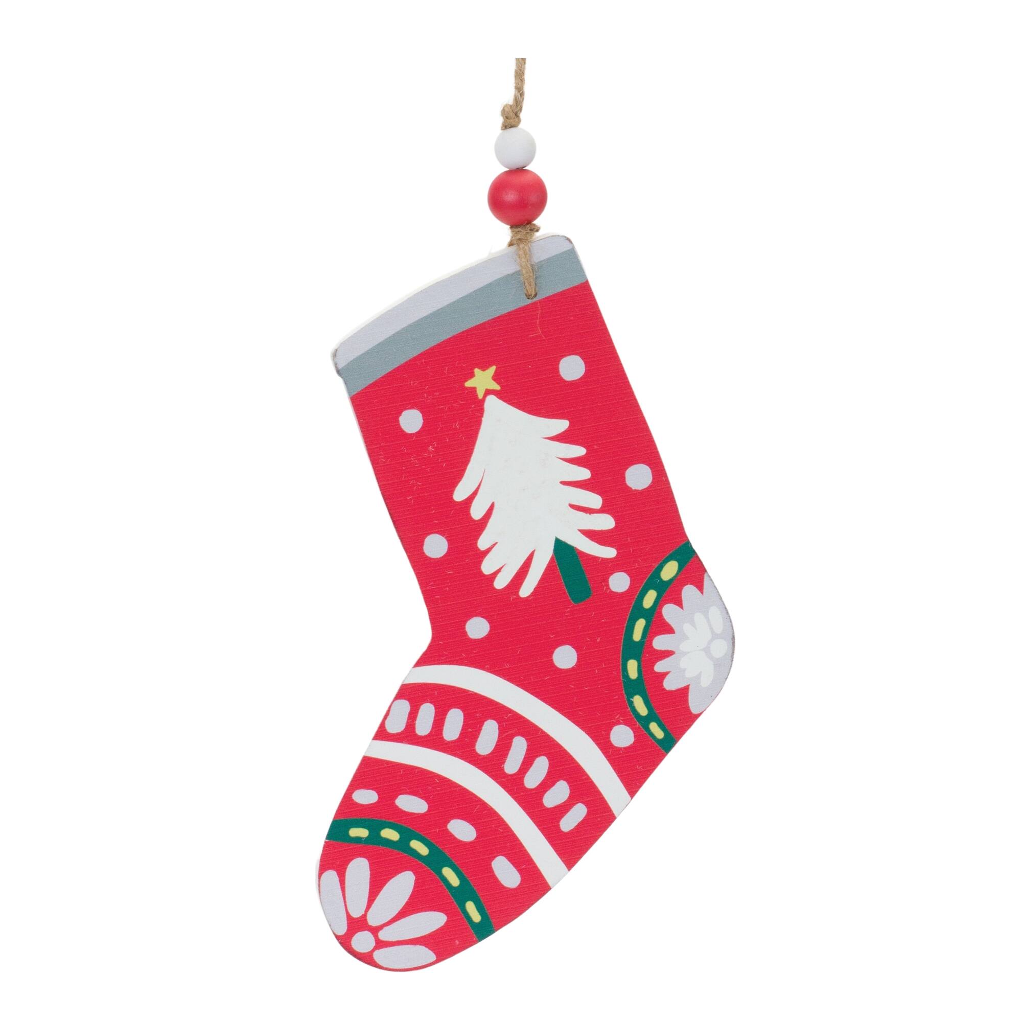 Back. BreeBe - Wood Mitten and Stocking Ornaments (Set of 12) - Green, Red, White.
