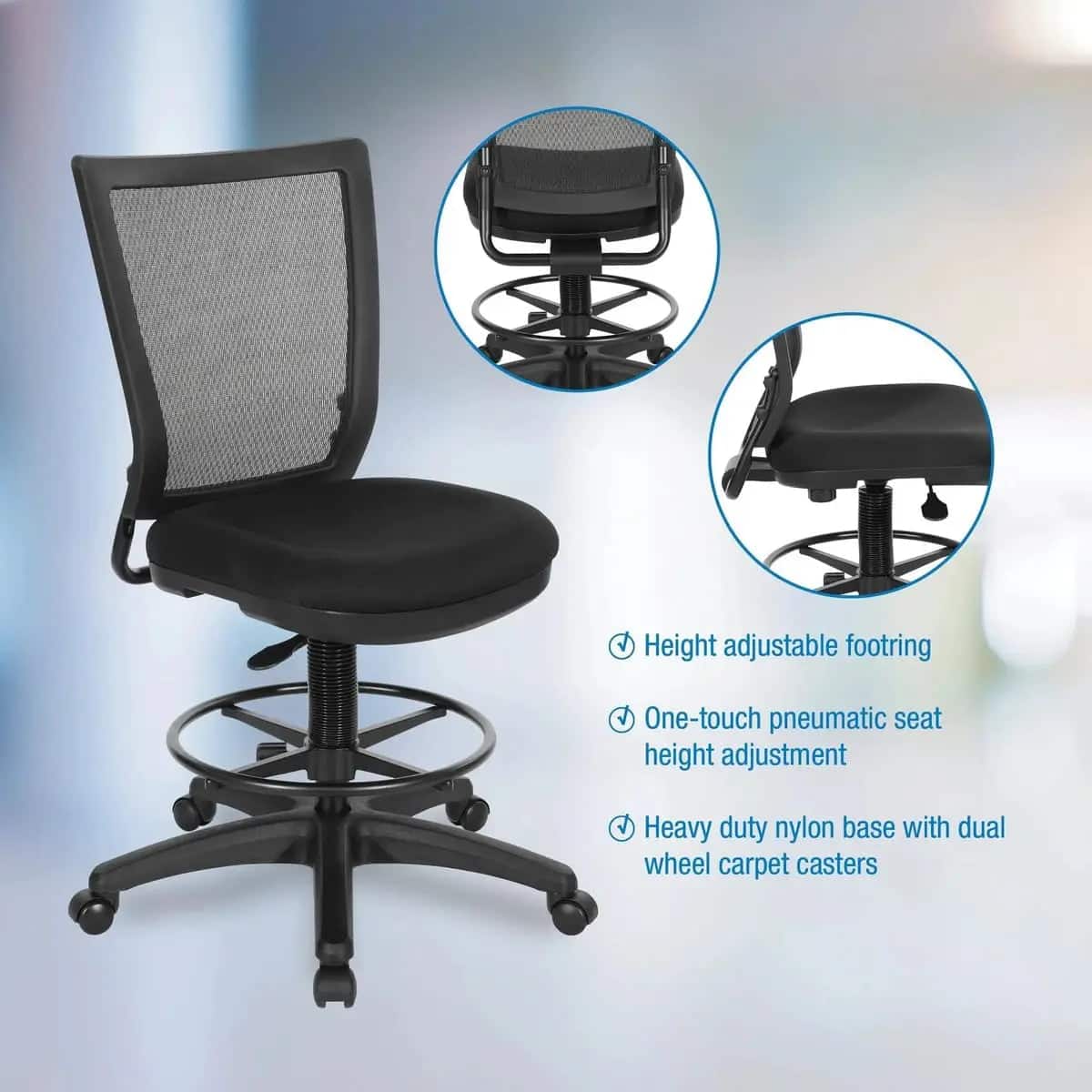 Office Star Products - Ergonomic Drafting Chair with Breathable Mesh Back - Black Coal/Padded Seat/7.5" Cylinder Travel