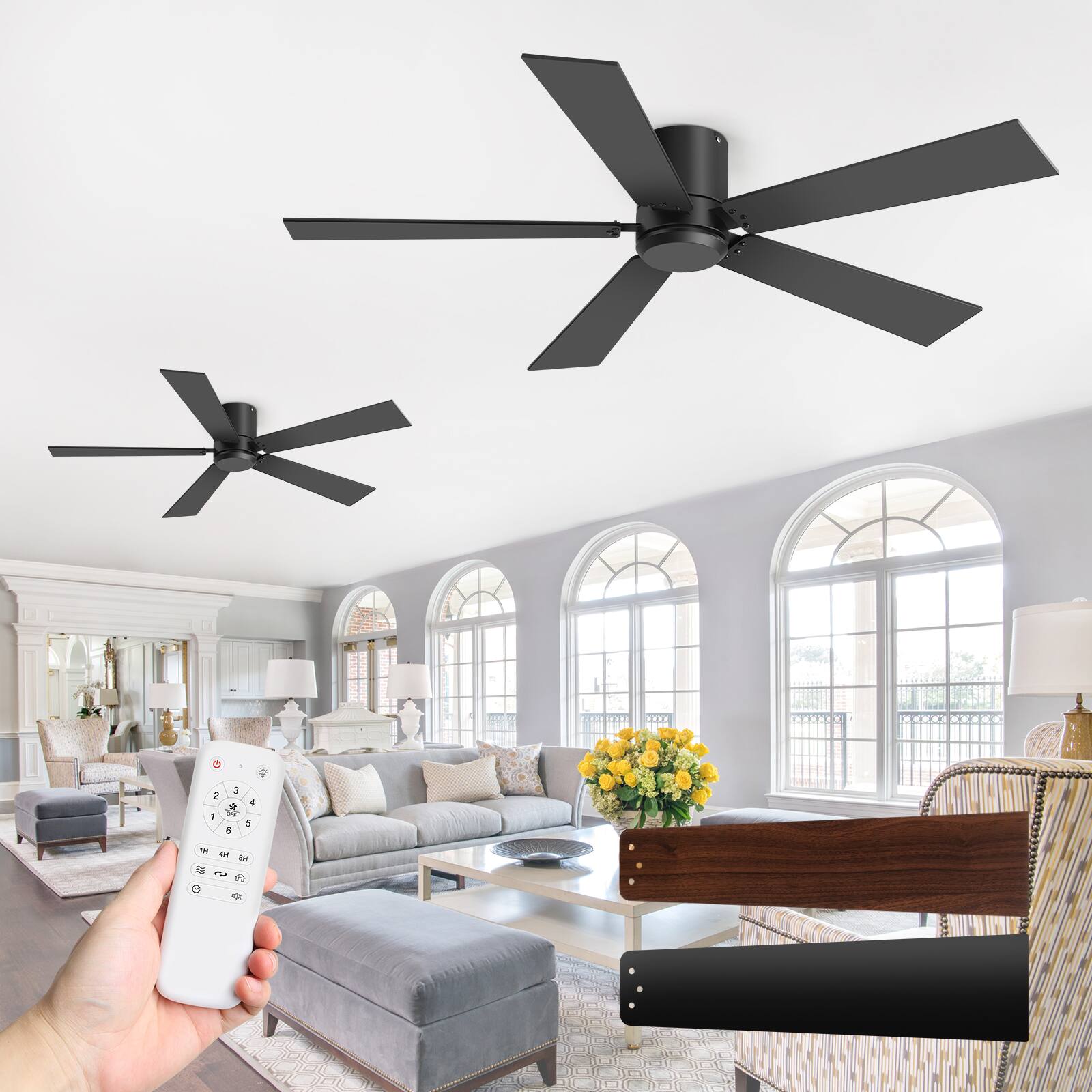 Angle. Breezary - 42-Inch Flush Mount Ceiling Fan 2-Pack, Reversible Dual-Color Plywood Blades, Remote Control, DC Motor, No Light - Black (Two Pack).