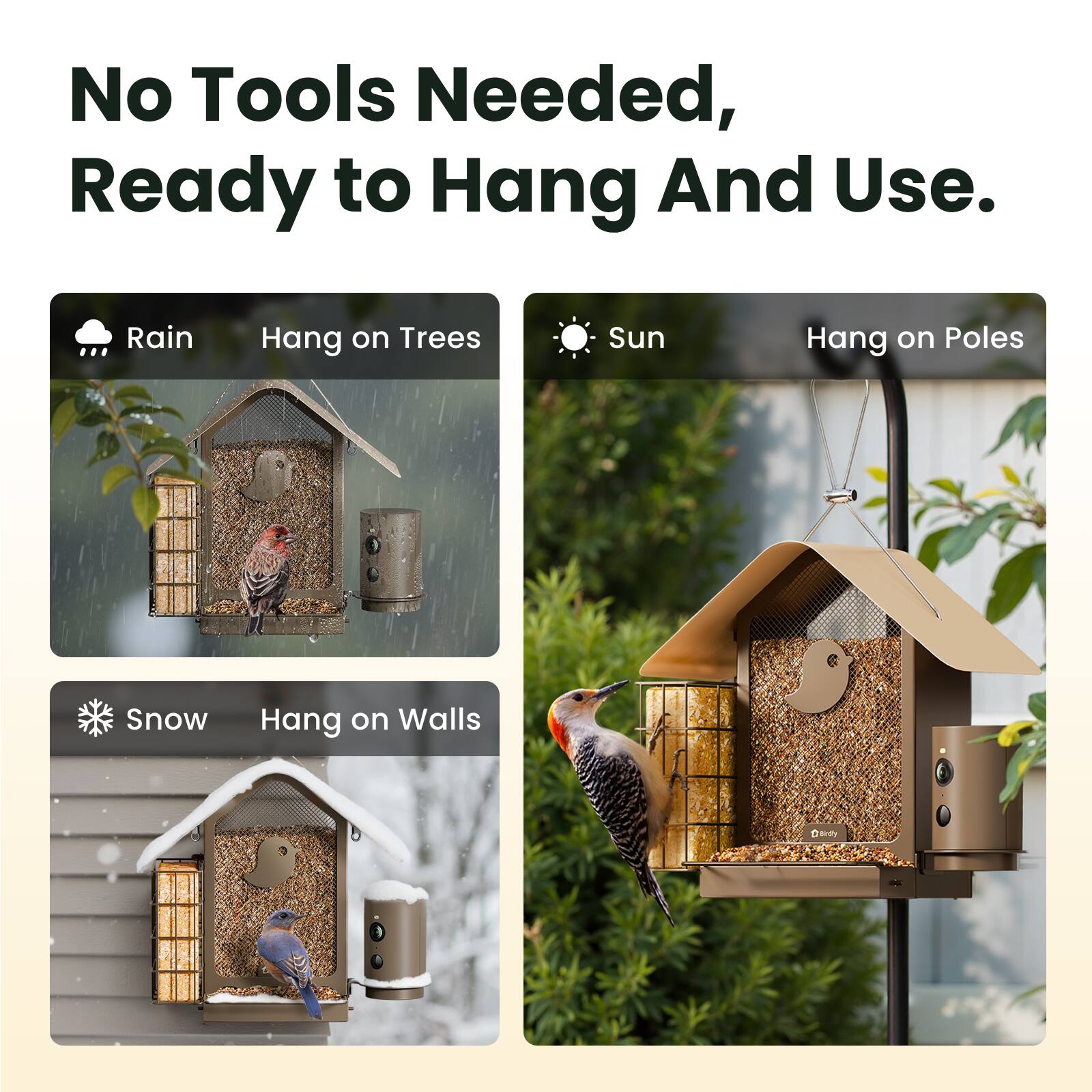 No Tools Needed, Ready to Hang And Use.

Rain  
Hang on Trees

Sun  
Hang on Poles

Snow  
Hang on Walls