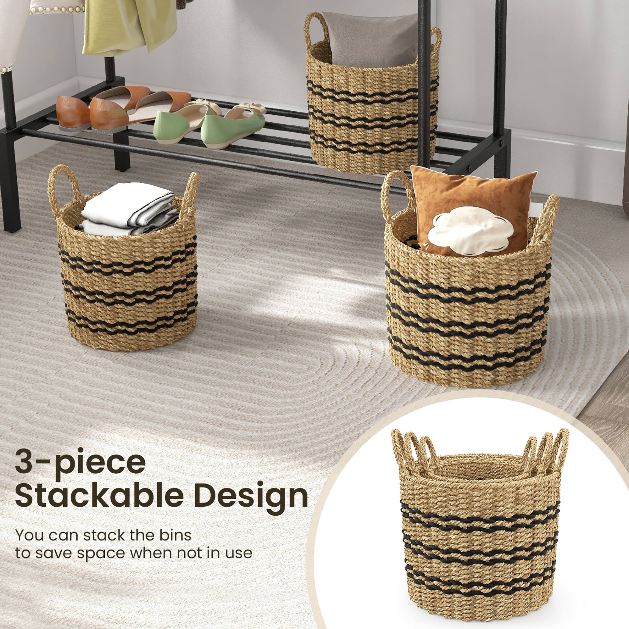 Costway Seagrass Basket Set of 3 Stackable Storage Bins w/ Handles Home