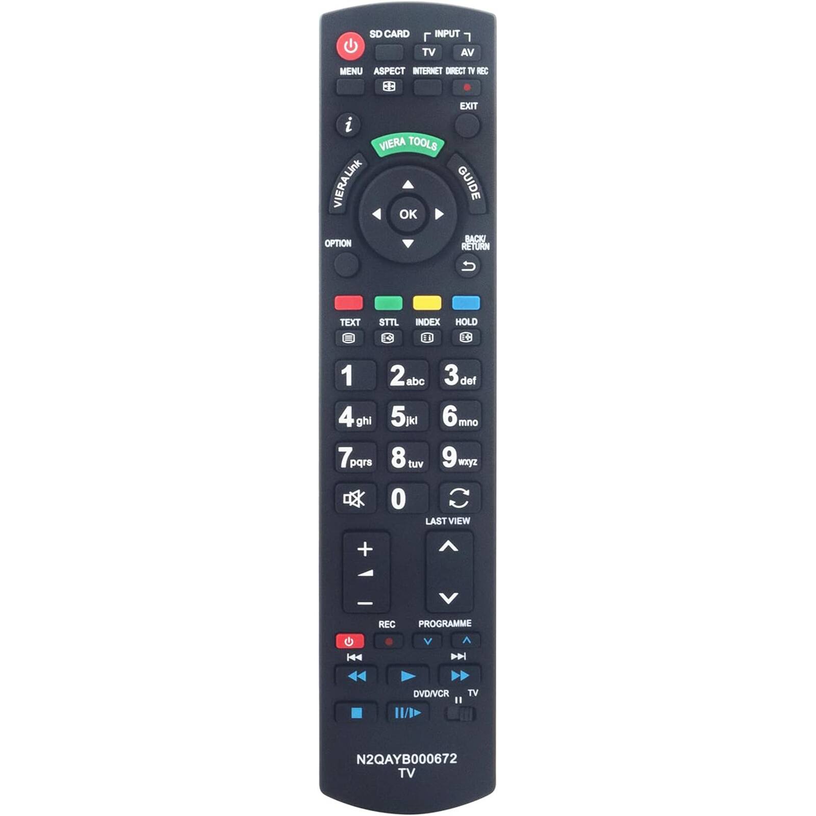 SD CARD
INPUT
TV AV
INTERNET DIRECT TV REC
EXIT
MENU
ASPECT
TOOLS
GUIDE
VIERA TOOLS
VIERA LINK
OK
BACK/RETURN
OPTION
TEXT
STYL
HOLD
INDEX
1
2 abc
3 def
4 ghi
5 jkl
6 mno
7 pqrs
8 tuv
9 wxyz
0
LAST VIEW
PROGRAMME
+
-
REC
DVD/VCR
TV
N2QAYB000672
TV