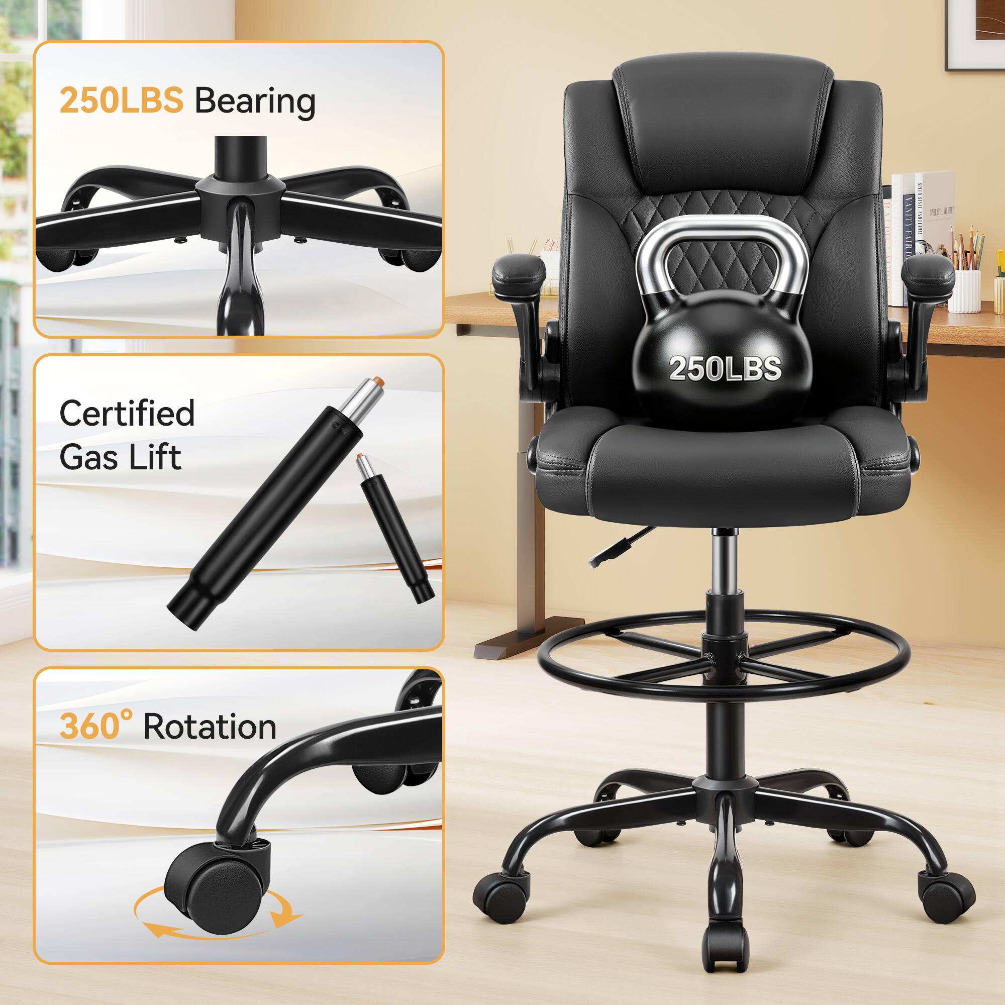 250LBS Bearing  
Certified Gas Lift  
360° Rotation