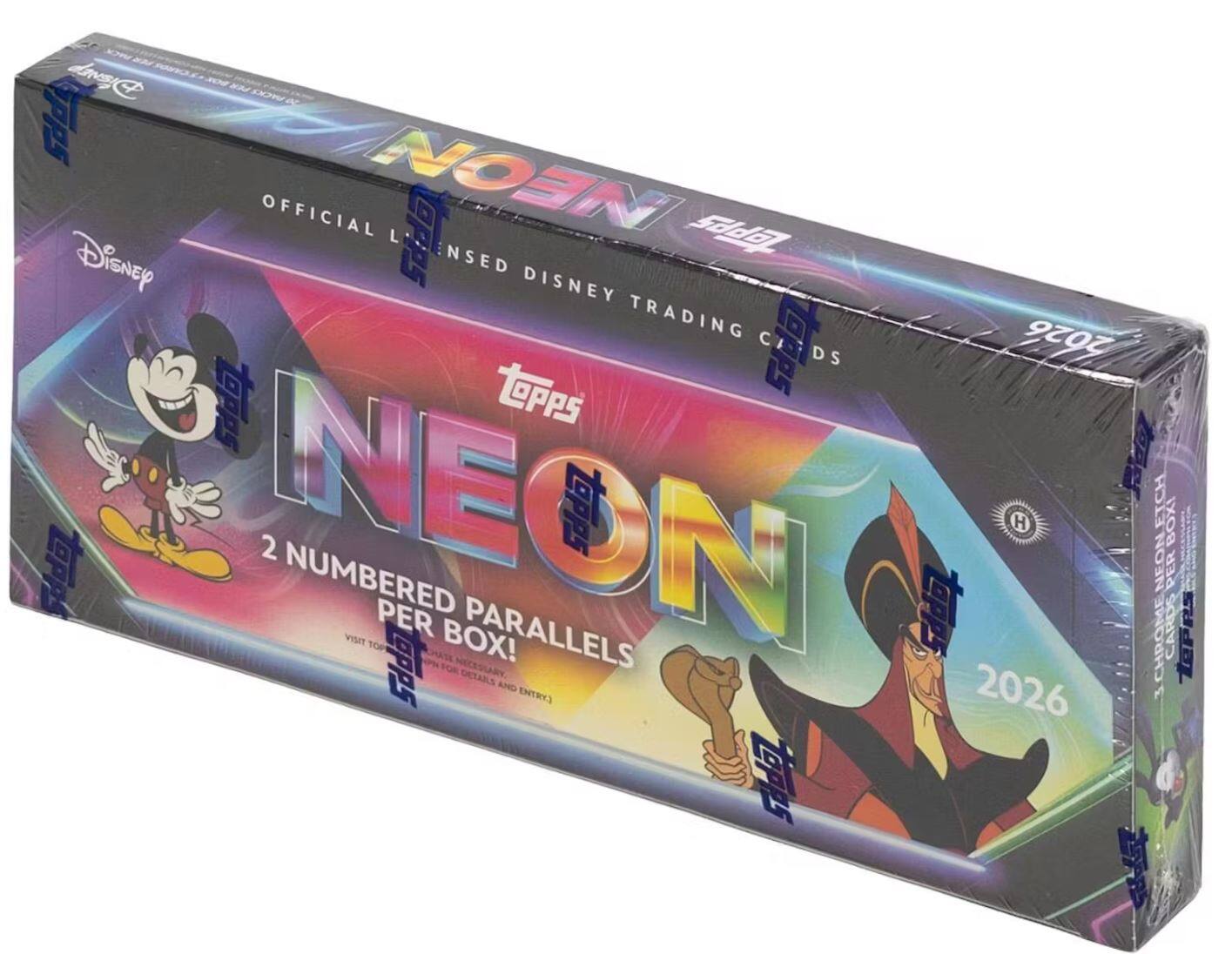 Disney 10% PPS OFFICIAL LICENSED DISNEY TRADING CARDS NEON 2026  
2 NUMBERED PARALLELS PER BOX!  
NEON ETCH BOX!  
3 CHROME CARDS PER BOX!  
NEON CHROME CARDS  
PPS FOR NECESSARY DETAILS AND ENTRY  
TOPPS  
2026