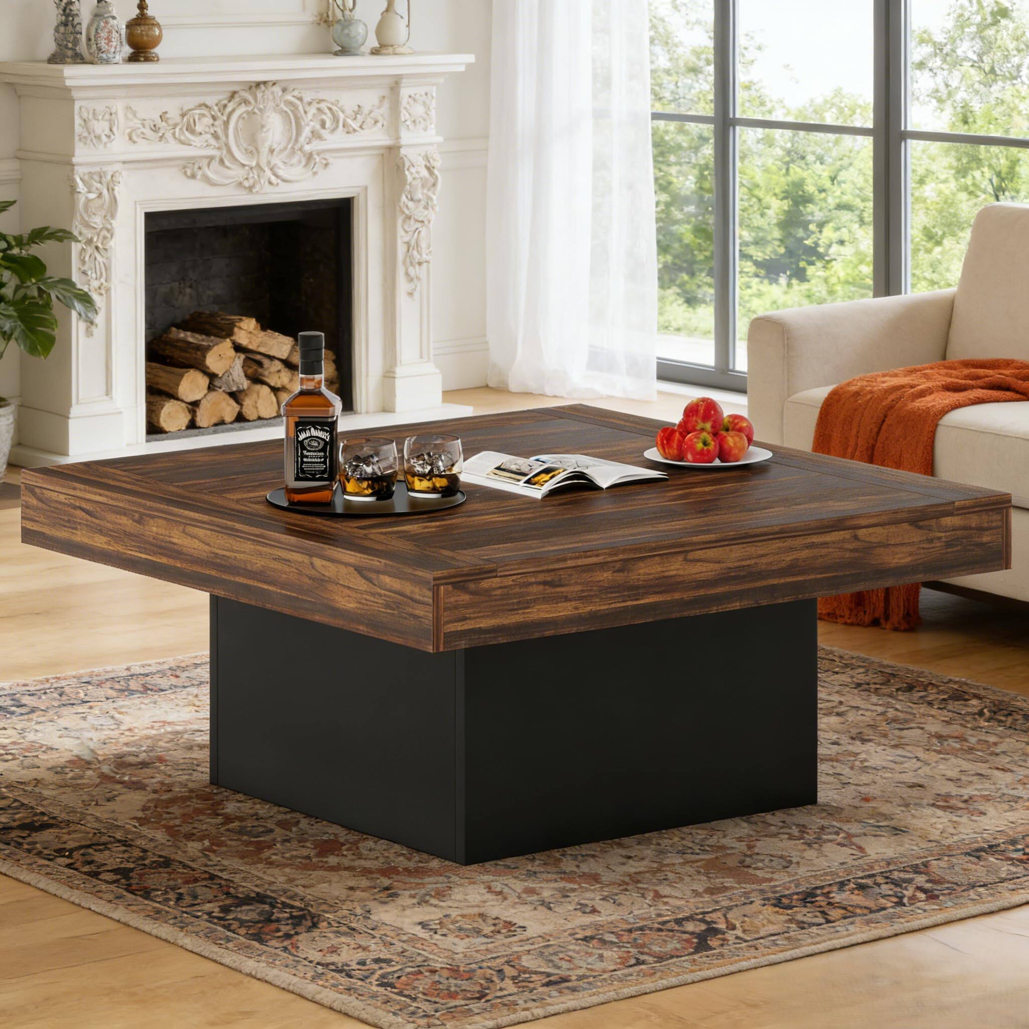 Alt View 4. Tribesigns - LED Coffee Table for Living Room, Modern Square Farmhouse Coffee Table with APP Control, 35.4" Walnut Wood Center Table, - Walnut.