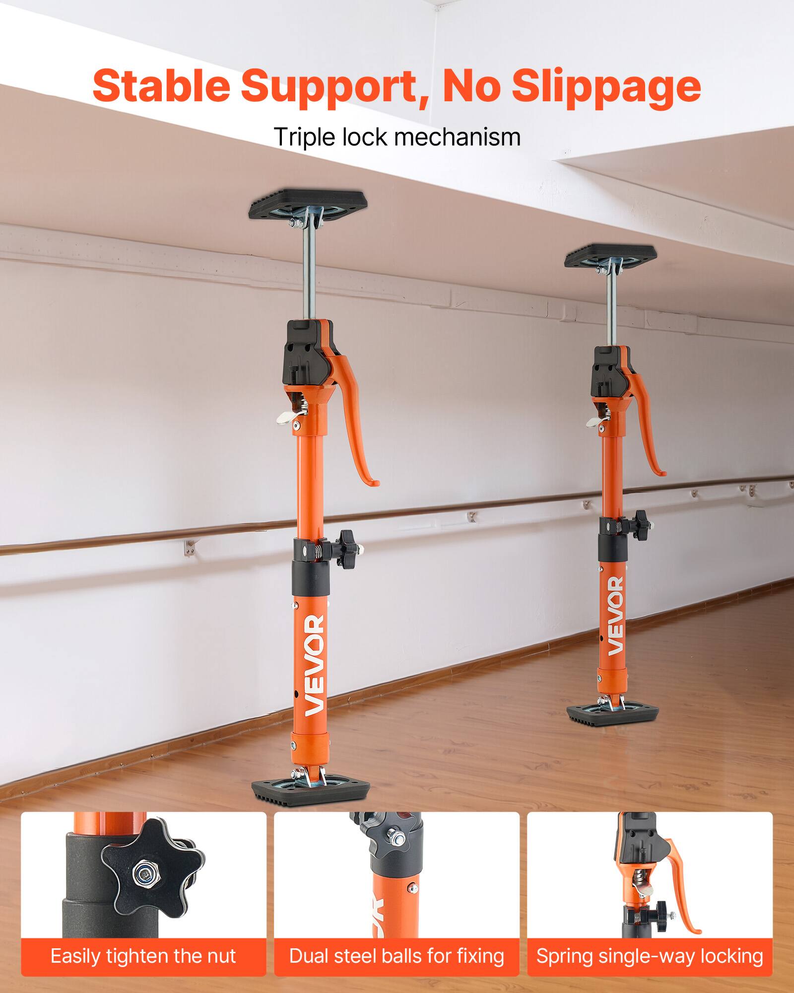 Stable Support, No Slippage  
Triple lock mechanism  

Easily tighten the nut  
Dual steel balls for fixing  
Spring single-way locking