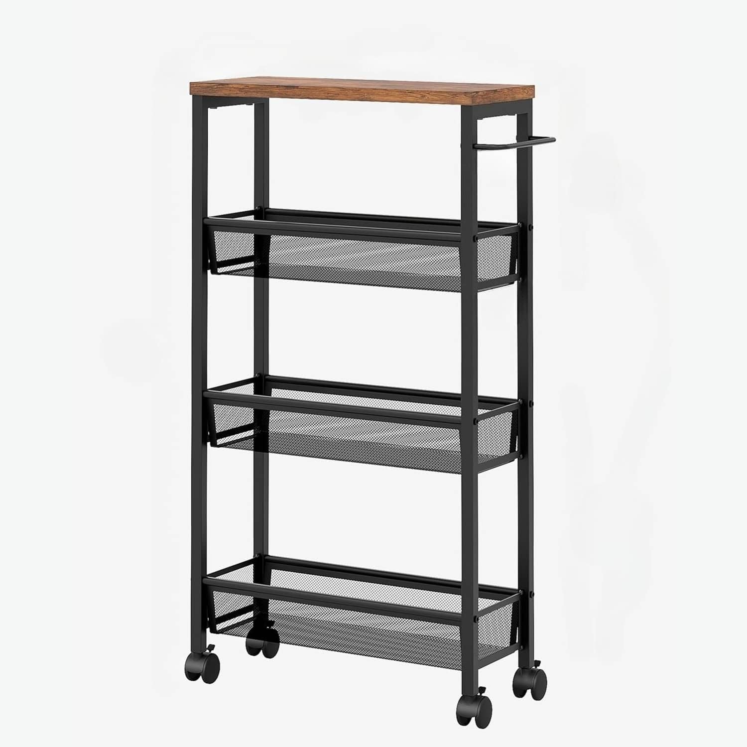 ZUQIETA- 4-Tier Slim Rolling Cart- Narrow Metal Organizer for Kitchen, Bathroom & Laundry, Rustic Brown- Rustic Brown
