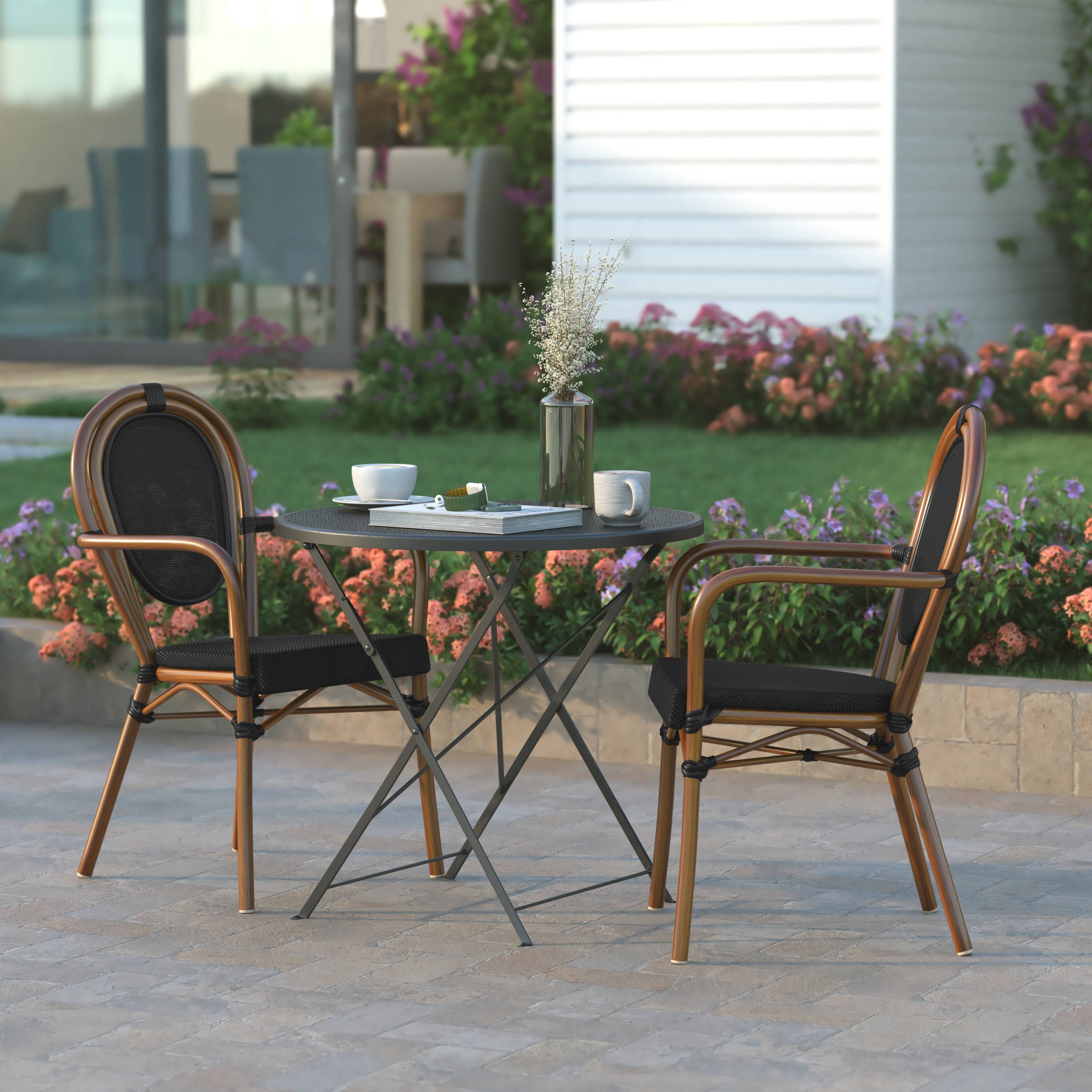 Alt View 4. Emma + Oliver - 2 Pack Stacking Bistro Chair with Bamboo Print Metal Frame - Black/Natural Frame.