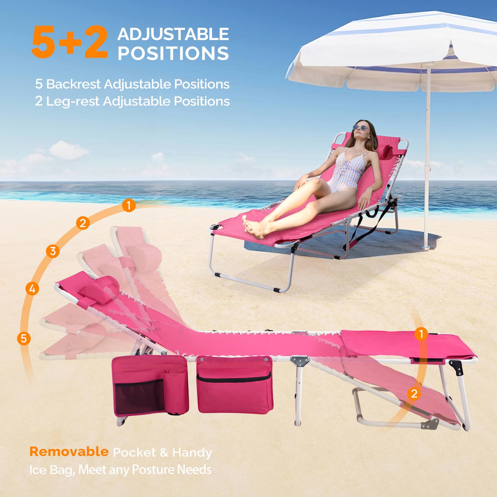 5+2 Adjustable Positions

5 Backrest Adjustable Positions  
2 Leg-rest Adjustable Positions

1  
2  
3  
4  
5  

1  
2  

Removable Pocket & Handy Ice Bag, Meet any Posture Needs