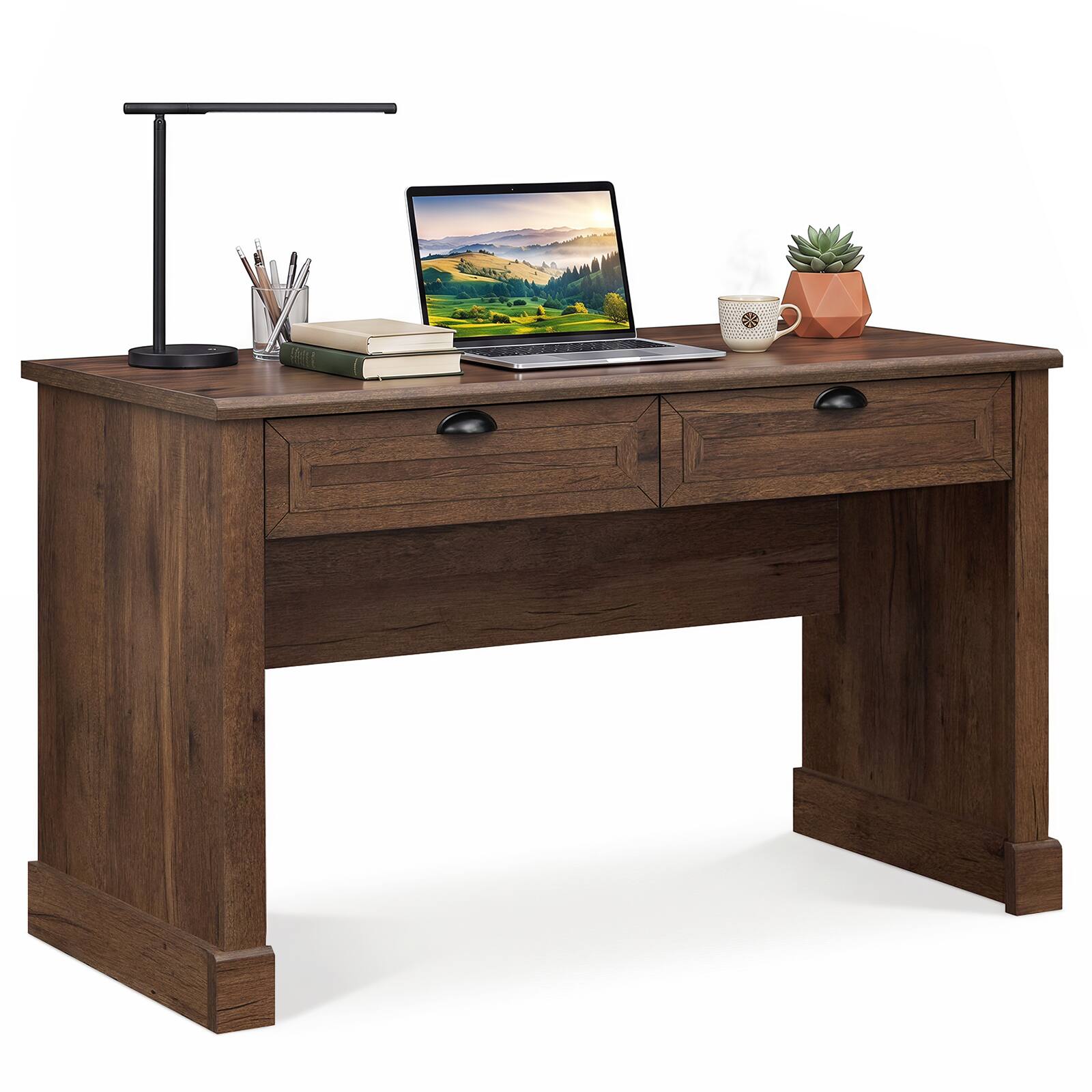 Alt View 1. Costway - Costway 48" Computer Desk with 2 Drawers, Home Office Desk, Wooden Workstation - Brown.