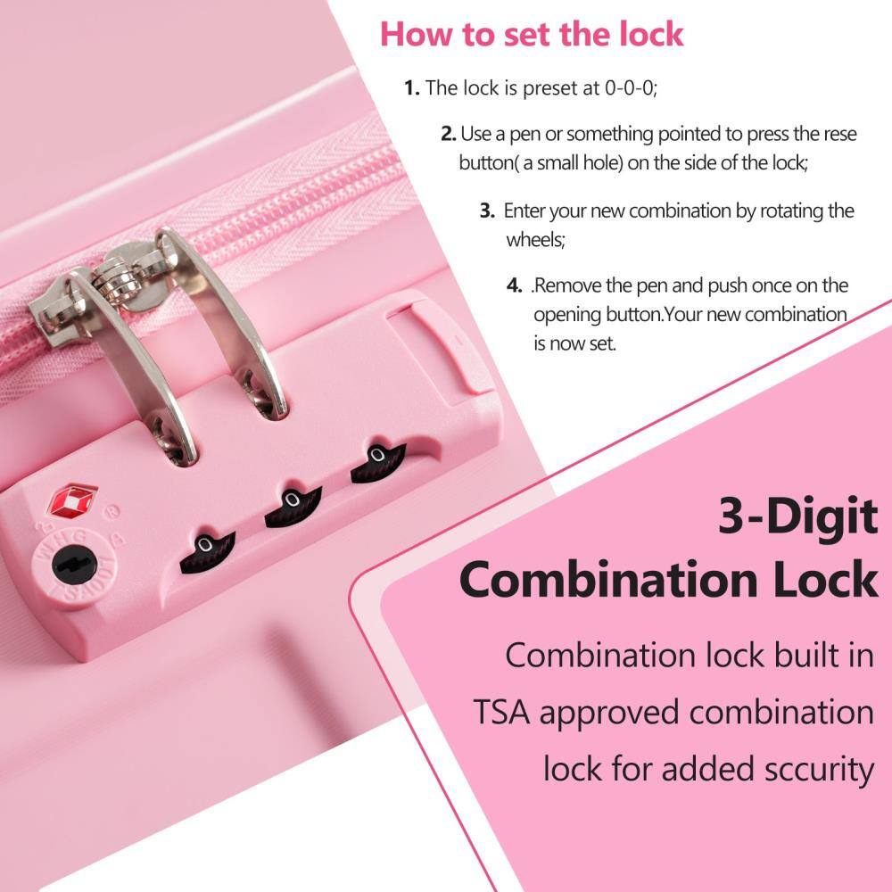 How to set the lock

1. The lock is preset at 0-0-0;
2. Use a pen or something pointed to press the reset button (a small hole) on the side of the lock;
3. Enter your new combination by rotating the wheels;
4. Remove the pen and push once on the opening button. Your new combination is now set.

3-Digit Combination Lock

Combination lock built in TSA approved combination lock for added security