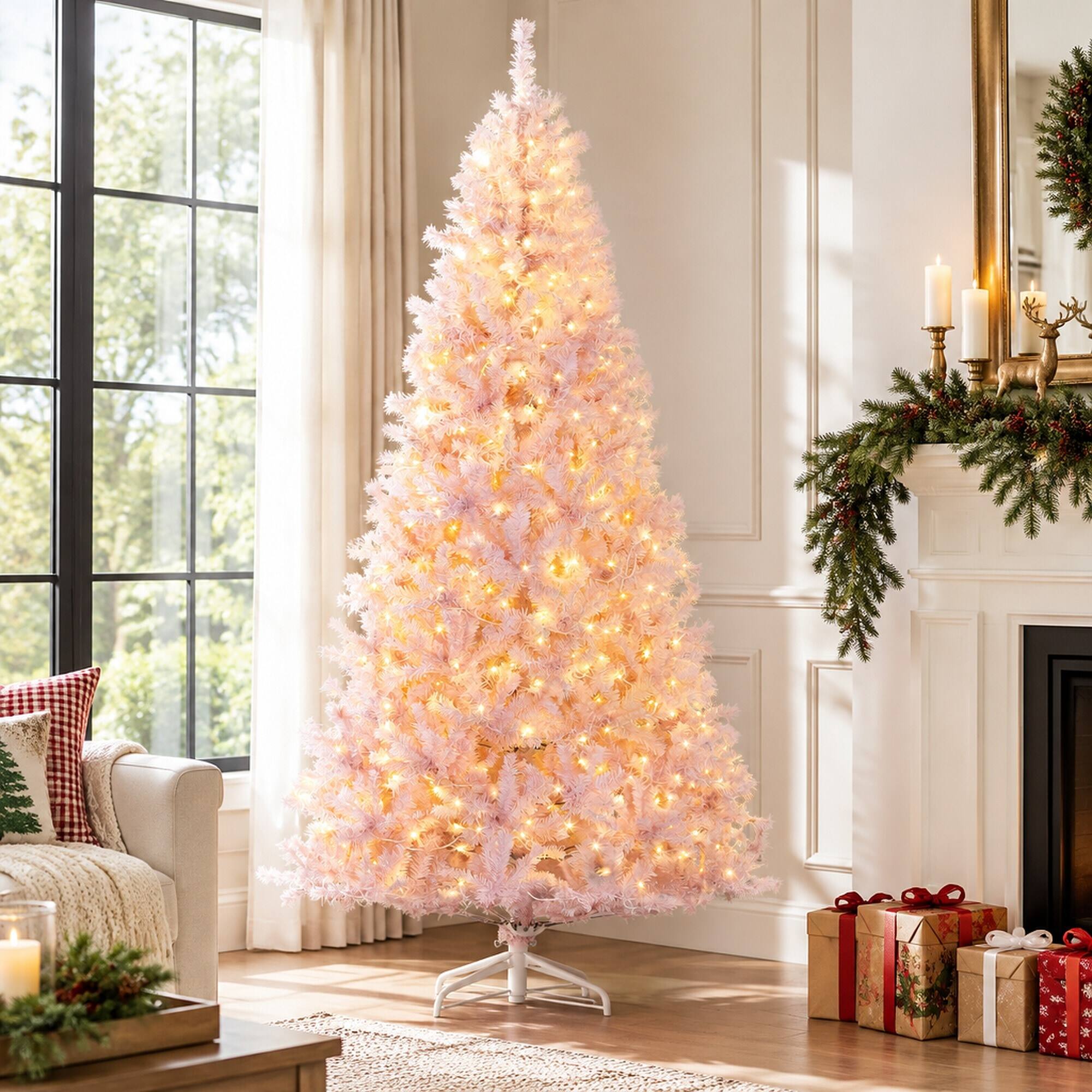 Back. RYHNUYNE - 7.5 Ft Douglas Fir Pink Artificial Christmas Tree With 500 Warm White LED Lights, 1346 Tips Metal Stand Decor - Pink.